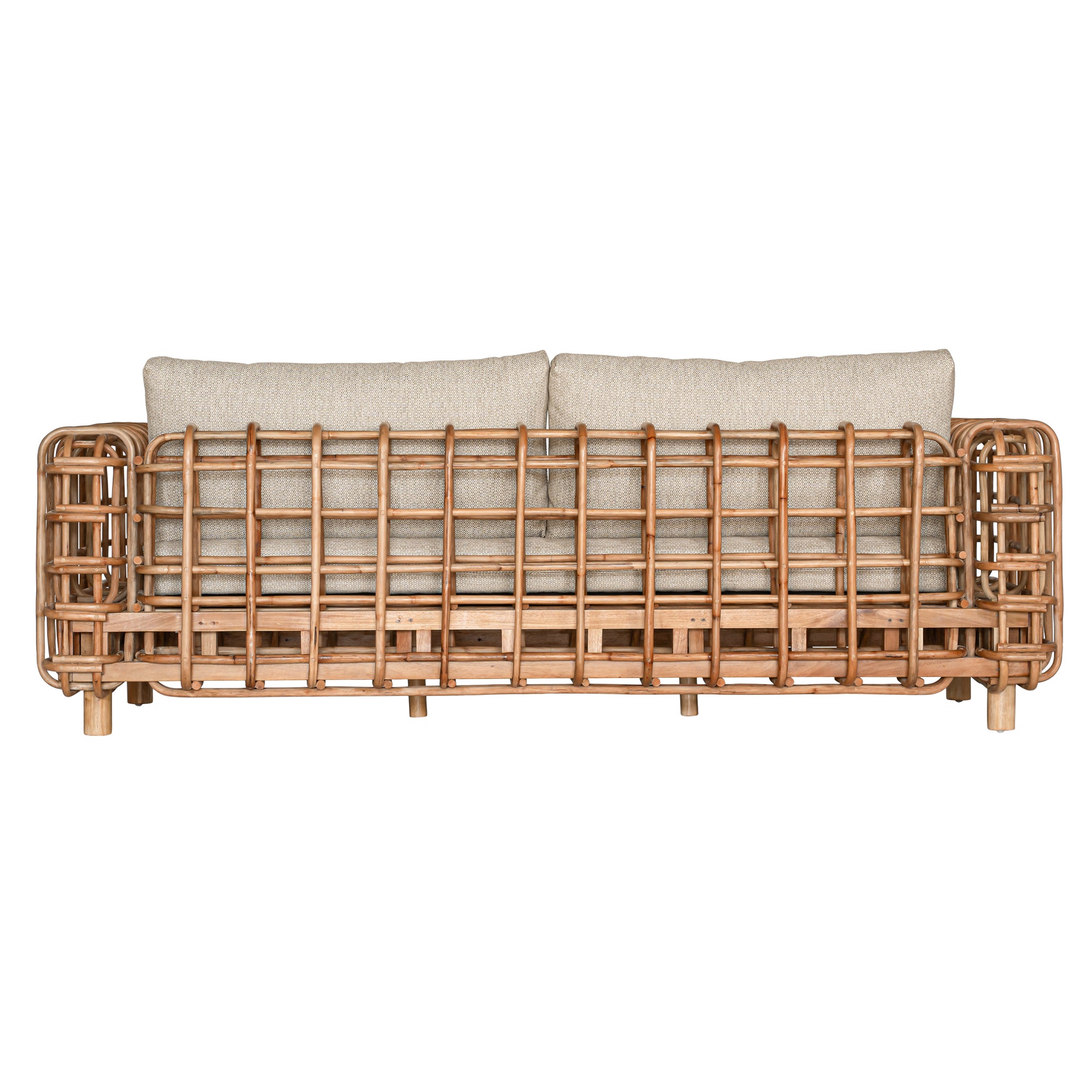 Handcrafted rattan two seater sofa featuring an intricate open-weave frame with plush natural cushions, combining natural texture with contemporary comfort for indoor or covered outdoor spaces