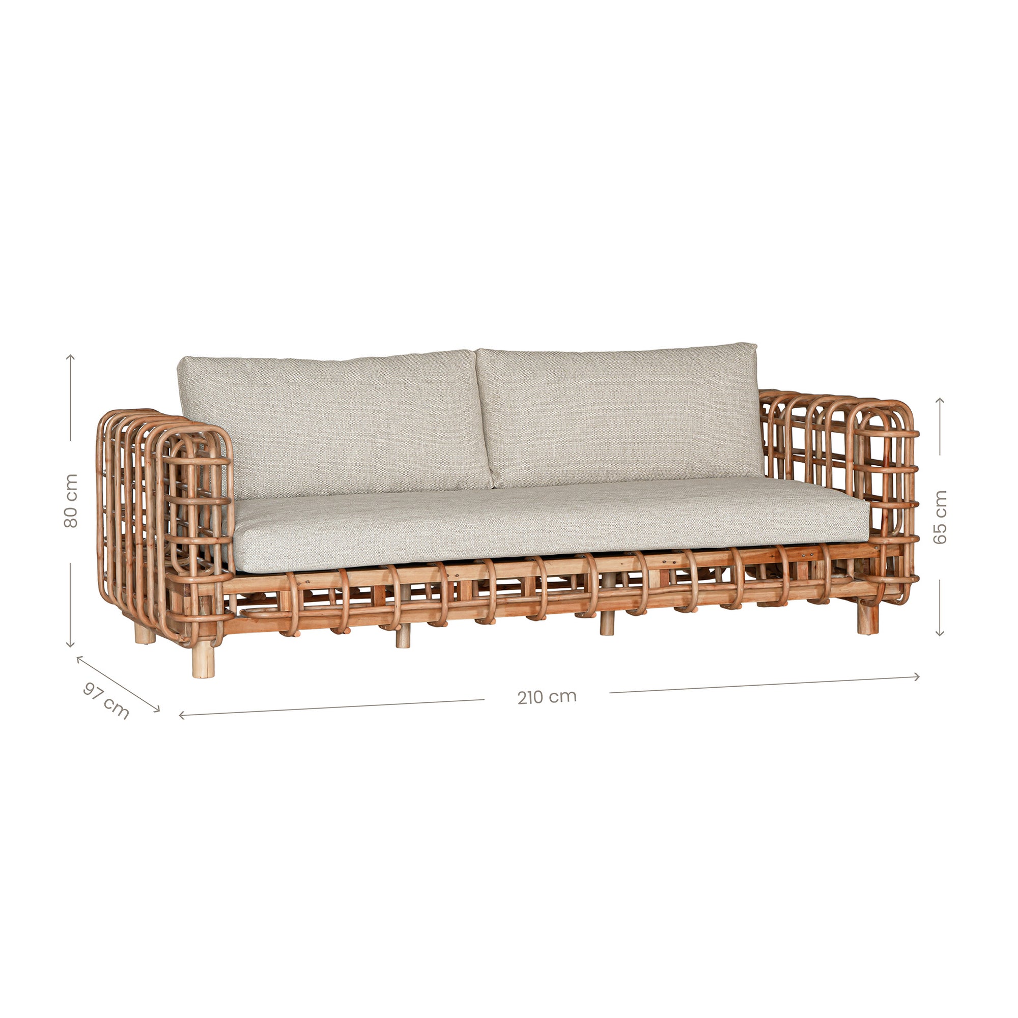 Handcrafted rattan two seater sofa featuring an intricate open-weave frame with plush natural cushions, combining natural texture with contemporary comfort for indoor or covered outdoor spaces