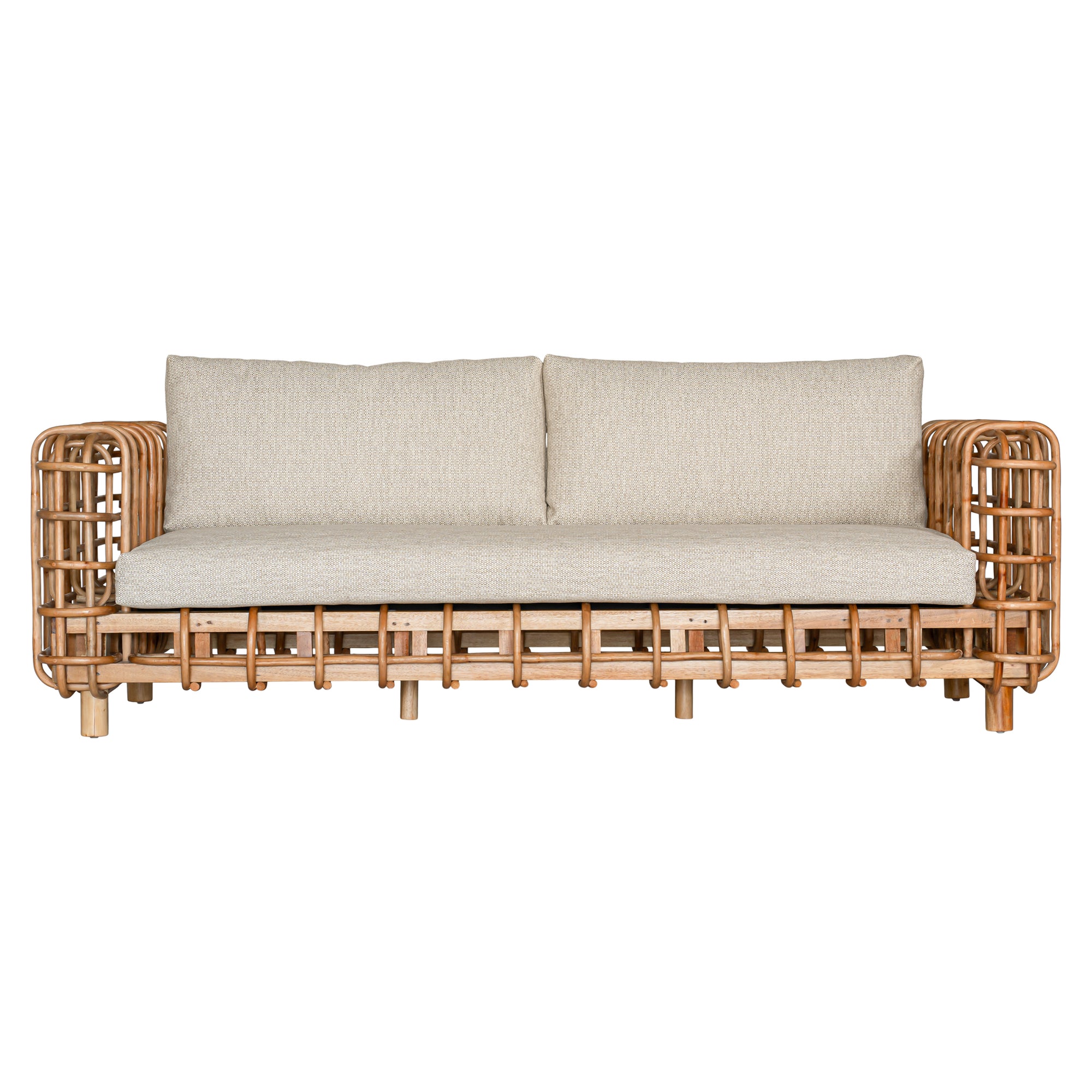 Handcrafted rattan two seater sofa featuring an intricate open-weave frame with plush natural cushions, combining natural texture with contemporary comfort for indoor or covered outdoor spaces