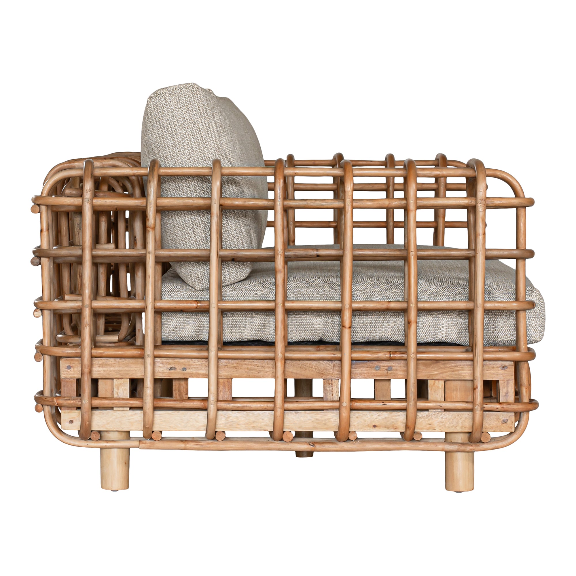 Handcrafted rattan two seater sofa featuring an intricate open-weave frame with plush natural cushions, combining natural texture with contemporary comfort for indoor or covered outdoor spaces