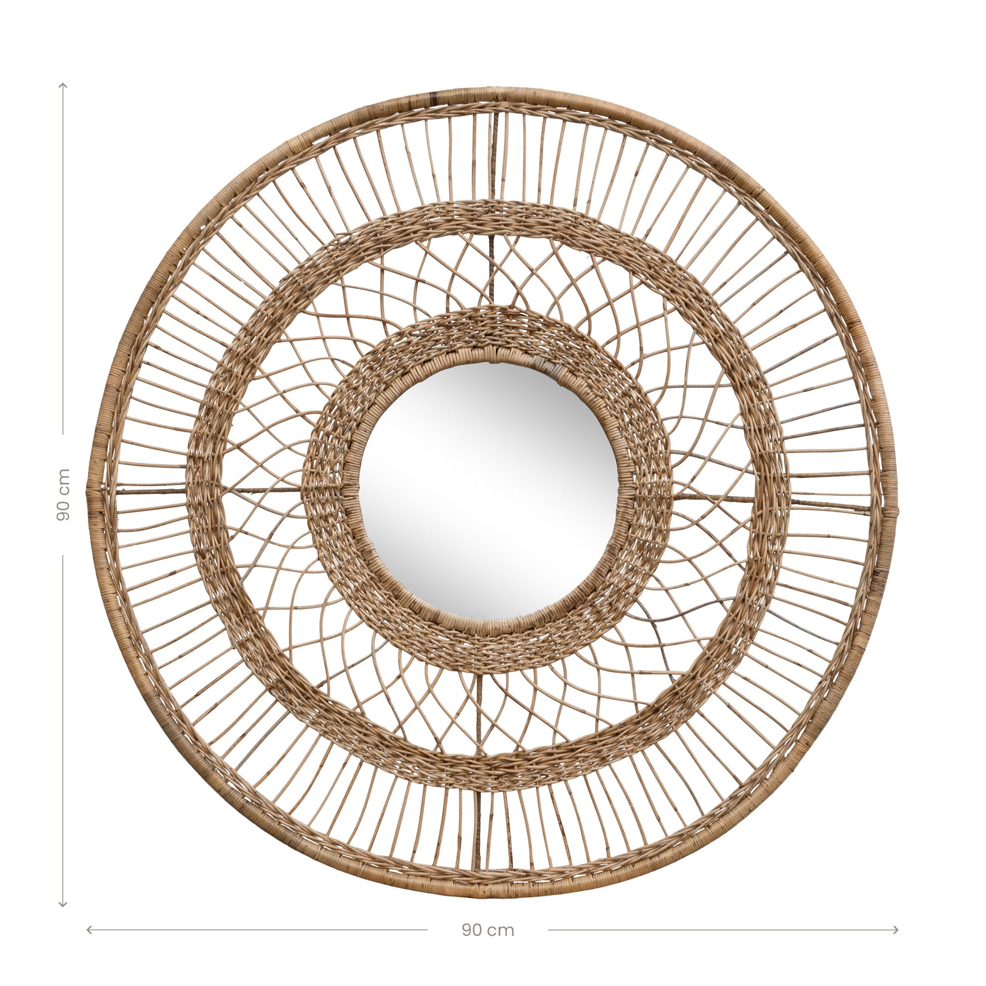 The Kulala Living Rattan Round Wall Mirror features an intricate open-weave design in natural rattan, adding a touch of organic texture and warmth to any space. Its circular shape and layered detailing create a striking statement piece for contemporary and coastal interiors