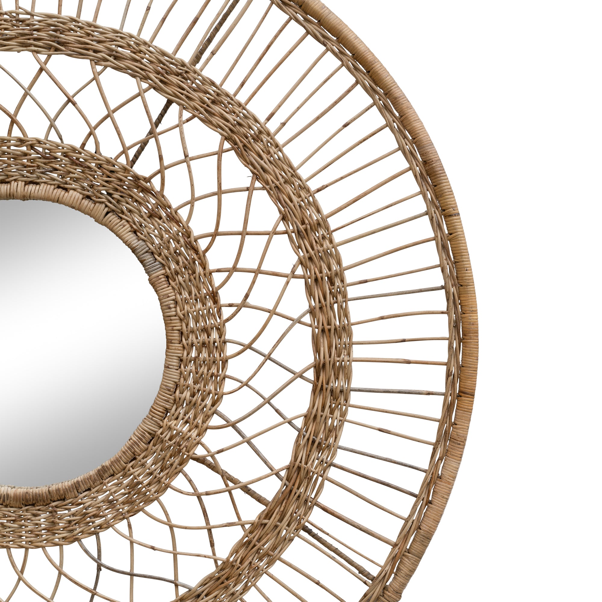 The Kulala Living Rattan Round Wall Mirror features an intricate open-weave design in natural rattan, adding a touch of organic texture and warmth to any space. Its circular shape and layered detailing create a striking statement piece for contemporary and coastal interiors