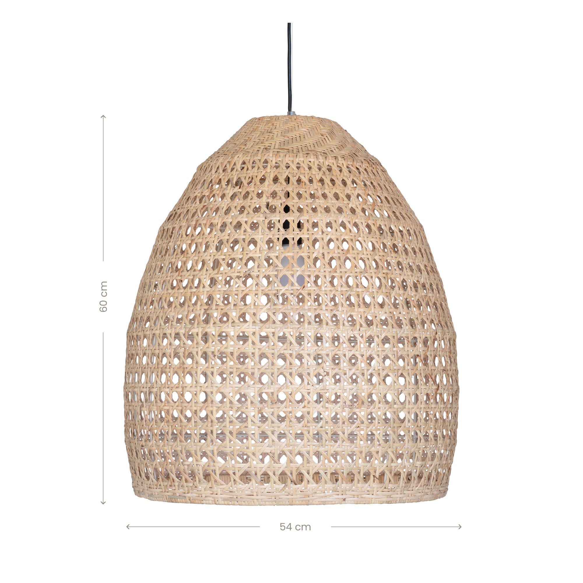 Natural handwoven rattan pendant light with an open weave dome design, creating a warm and inviting ambiance