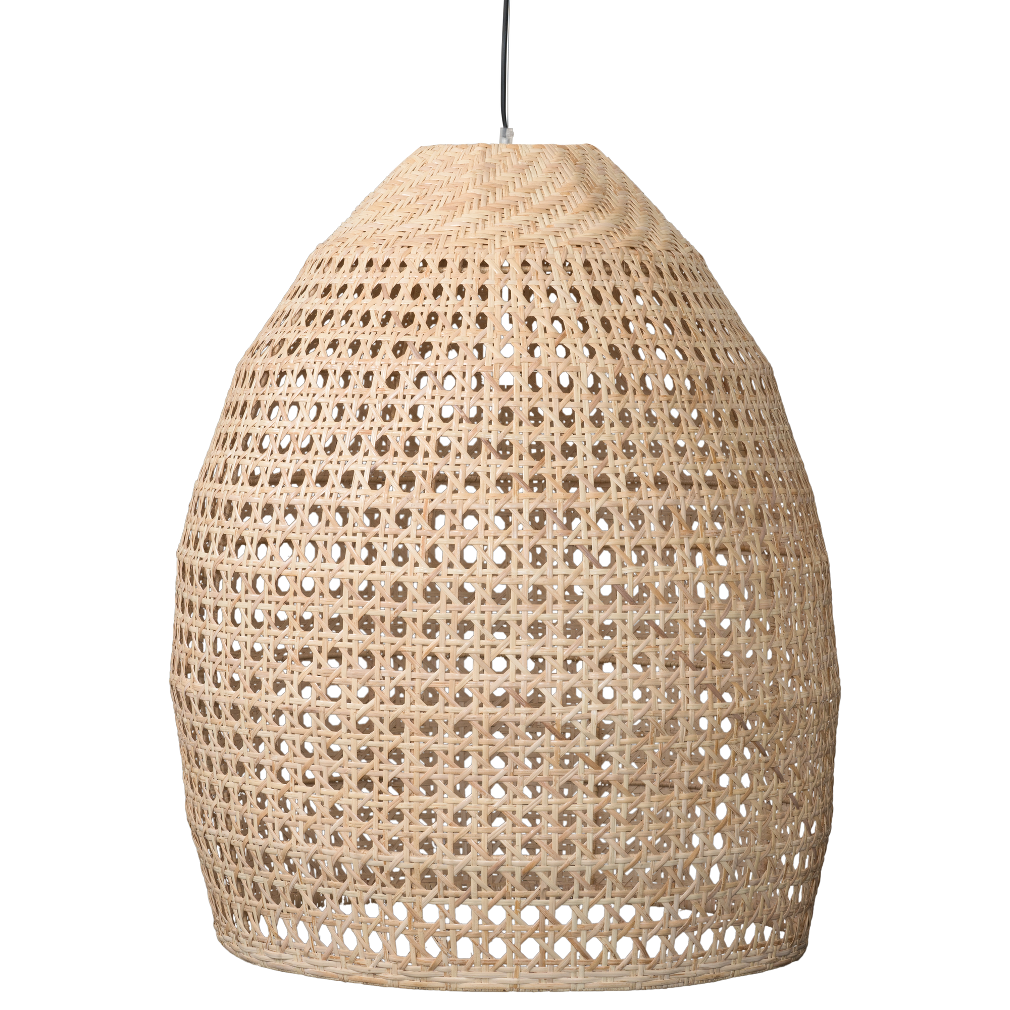 Natural handwoven rattan pendant light with an open weave dome design, creating a warm and inviting ambiance