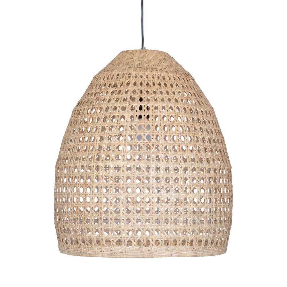 Natural handwoven rattan pendant light with an open weave dome design, creating a warm and inviting ambiance