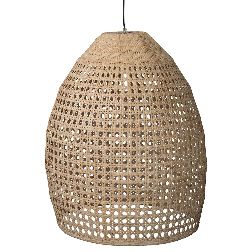 Natural handwoven rattan pendant light with an open weave dome design, creating a warm and inviting ambiance