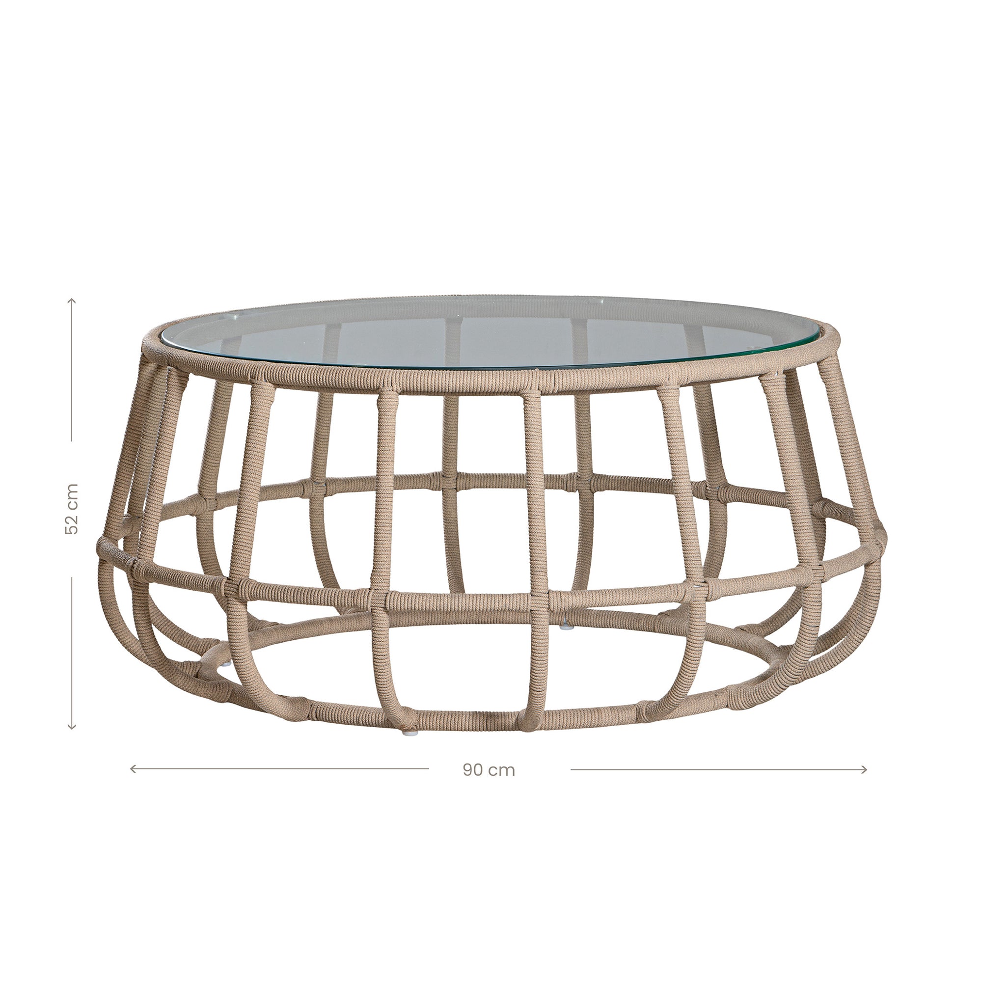 Contemporary aluminium rope weave coffee table with a glass top, featuring an open, airy design in a neutral tone, perfect for modern coastal or bohemian-inspired interiors