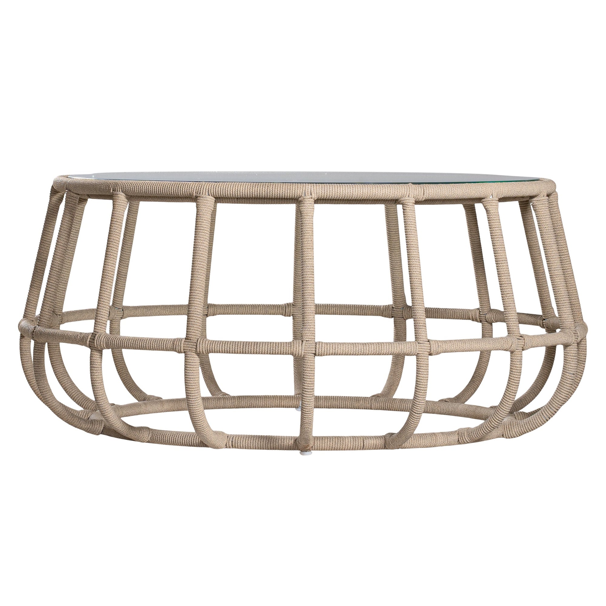 Contemporary aluminium rope weave coffee table with a glass top, featuring an open, airy design in a neutral tone, perfect for modern coastal or bohemian-inspired interiors