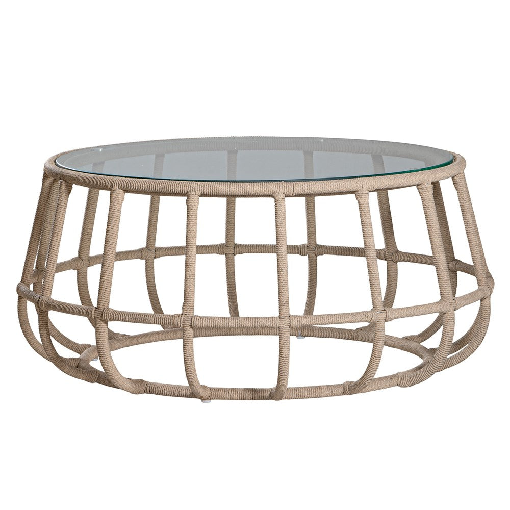 Contemporary aluminium rope weave coffee table with a glass top, featuring an open, airy design in a neutral tone, perfect for modern coastal or bohemian-inspired interiors
