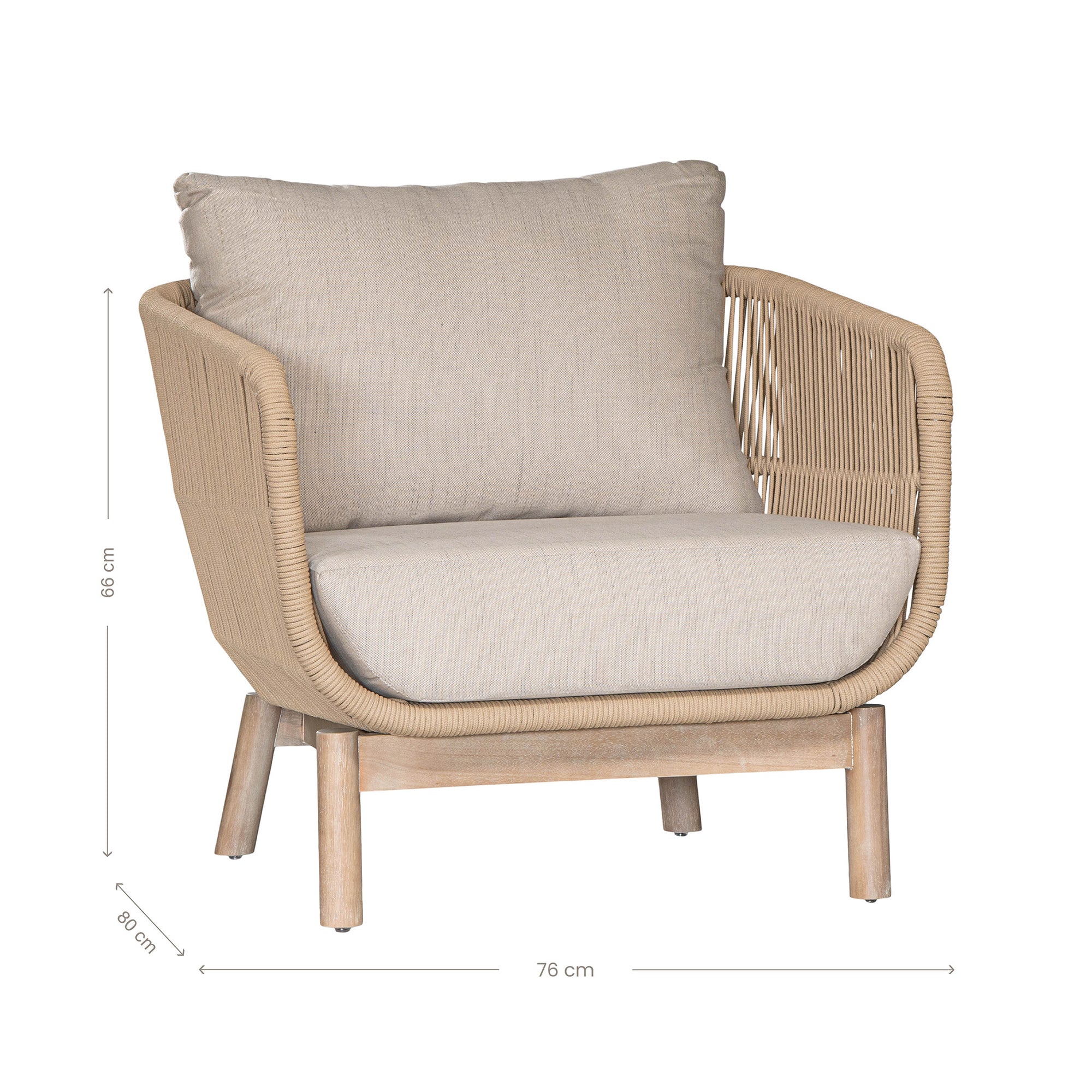 A stylish rope weave armchair with a natural wood frame and soft linen cushions. Designed for both indoor and outdoor use, this chair offers a relaxed, contemporary aesthetic perfect for modern and coastal-inspired interiors