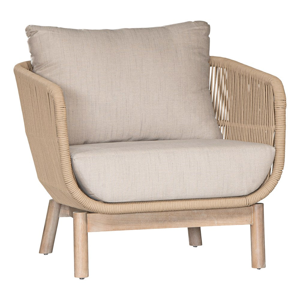 A stylish rope weave armchair with a natural wood frame and soft linen cushions. Designed for both indoor and outdoor use, this chair offers a relaxed, contemporary aesthetic perfect for modern and coastal-inspired interiors