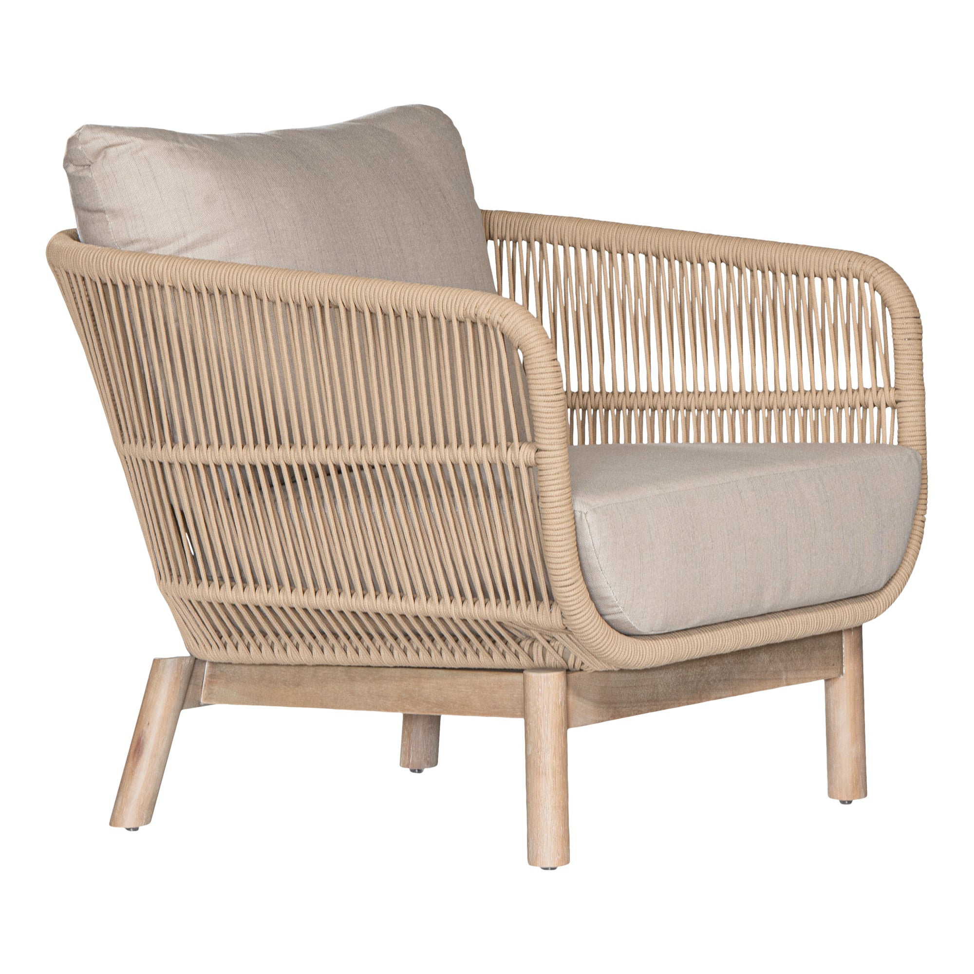A stylish rope weave armchair with a natural wood frame and soft linen cushions. Designed for both indoor and outdoor use, this chair offers a relaxed, contemporary aesthetic perfect for modern and coastal-inspired interiors