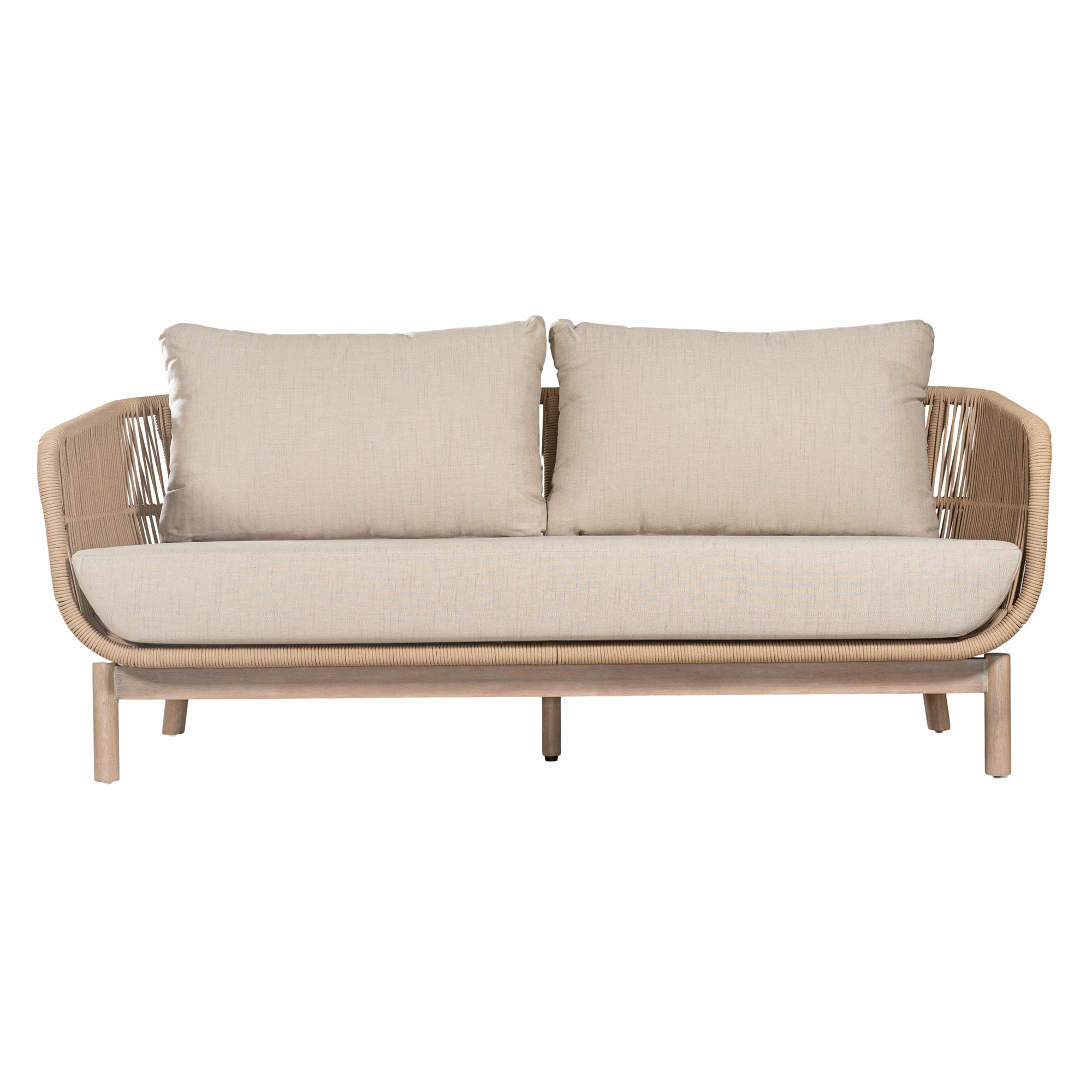 A stylish rope weave armchair with a natural wood frame and soft linen cushions. Designed for both indoor and outdoor use, this chair offers a relaxed, contemporary aesthetic perfect for modern and coastal-inspired interiors