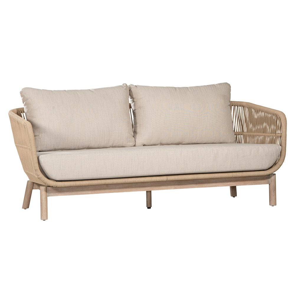 A stylish rope weave sofa with a natural wood frame and soft linen cushions. Designed for both indoor and outdoor use, this chair offers a relaxed, contemporary aesthetic perfect for modern and coastal-inspired interiors