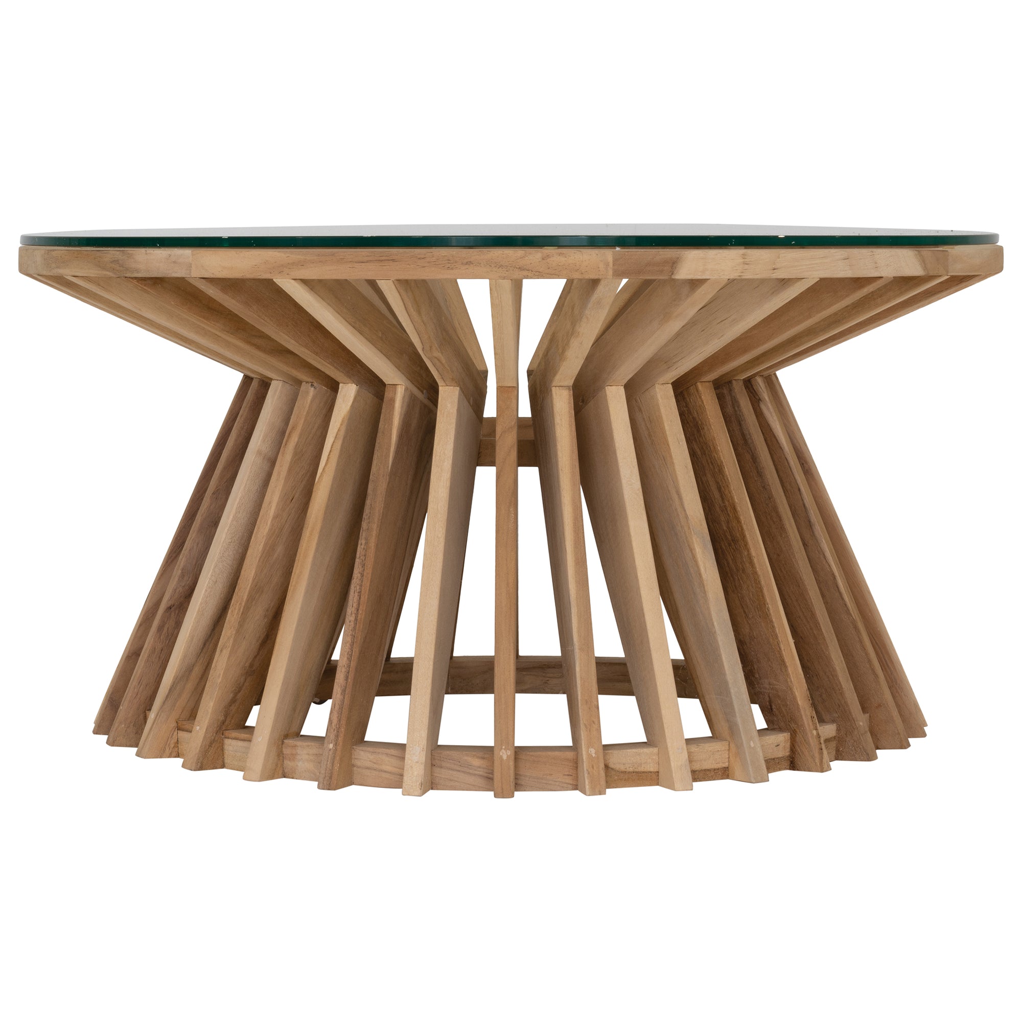 A stylish round dining table featuring a sculptural wooden base with a clear glass top, offering a contemporary yet natural aesthetic for modern dining spaces.