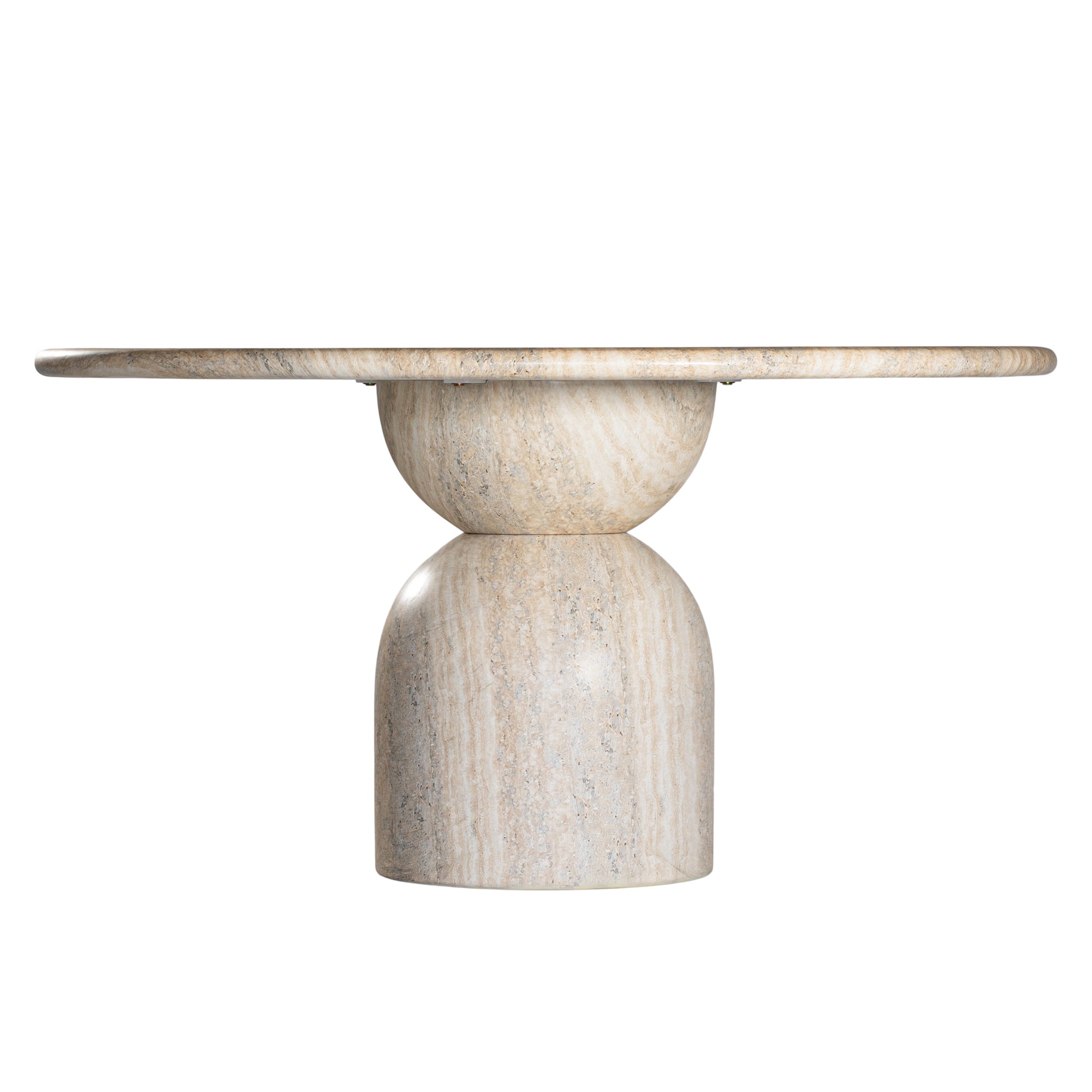 Round sculptural dining table crafted from natural travertine stone, featuring a smooth circular top and a rounded pedestal base. Elegant and timeless design ideal for contemporary and refined dining spaces.