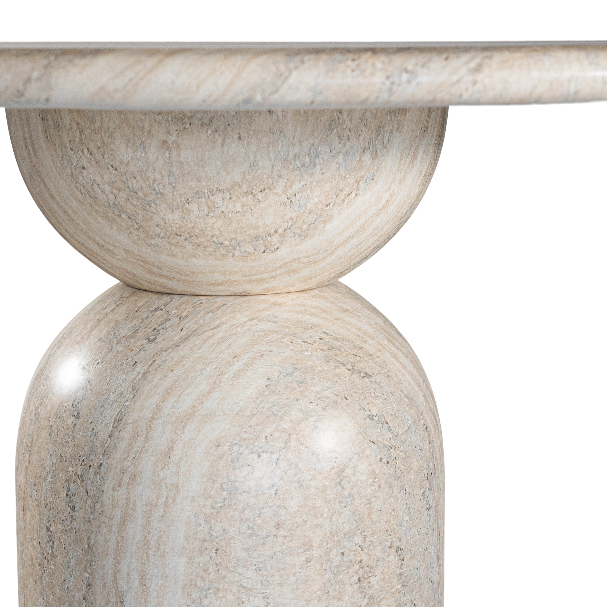 Round sculptural dining table crafted from natural travertine stone, featuring a smooth circular top and a rounded pedestal base. Elegant and timeless design ideal for contemporary and refined dining spaces.