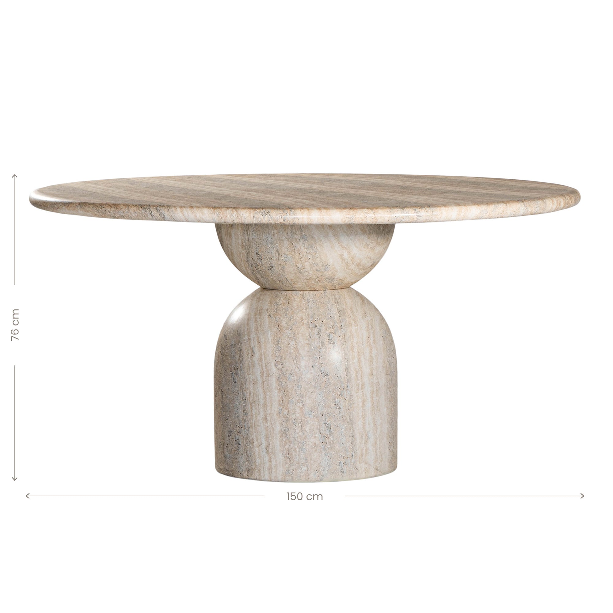 Round sculptural dining table crafted from natural travertine stone, featuring a smooth circular top and a rounded pedestal base. Elegant and timeless design ideal for contemporary and refined dining spaces.