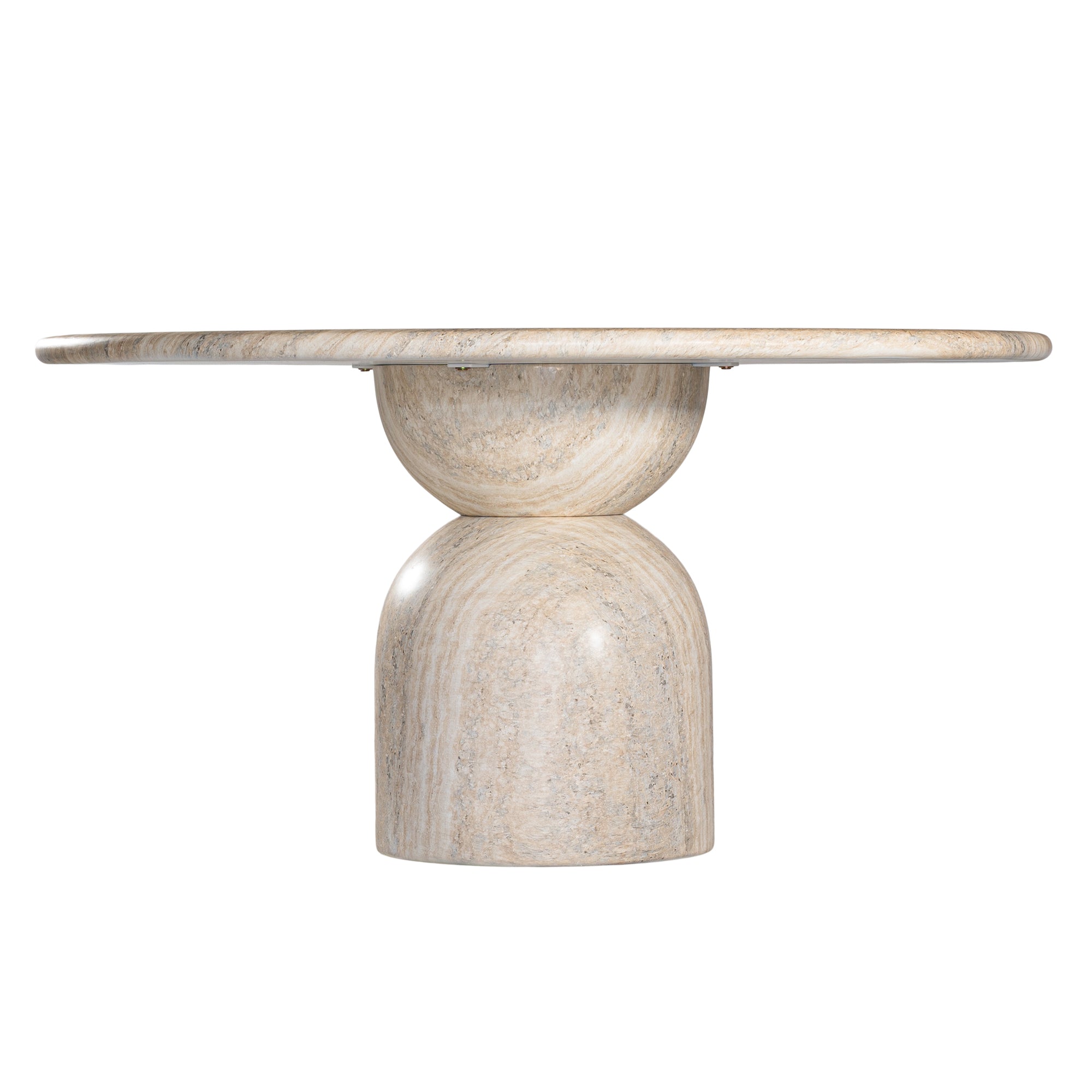Round sculptural dining table crafted from natural travertine stone, featuring a smooth circular top and a rounded pedestal base. Elegant and timeless design ideal for contemporary and refined dining spaces.