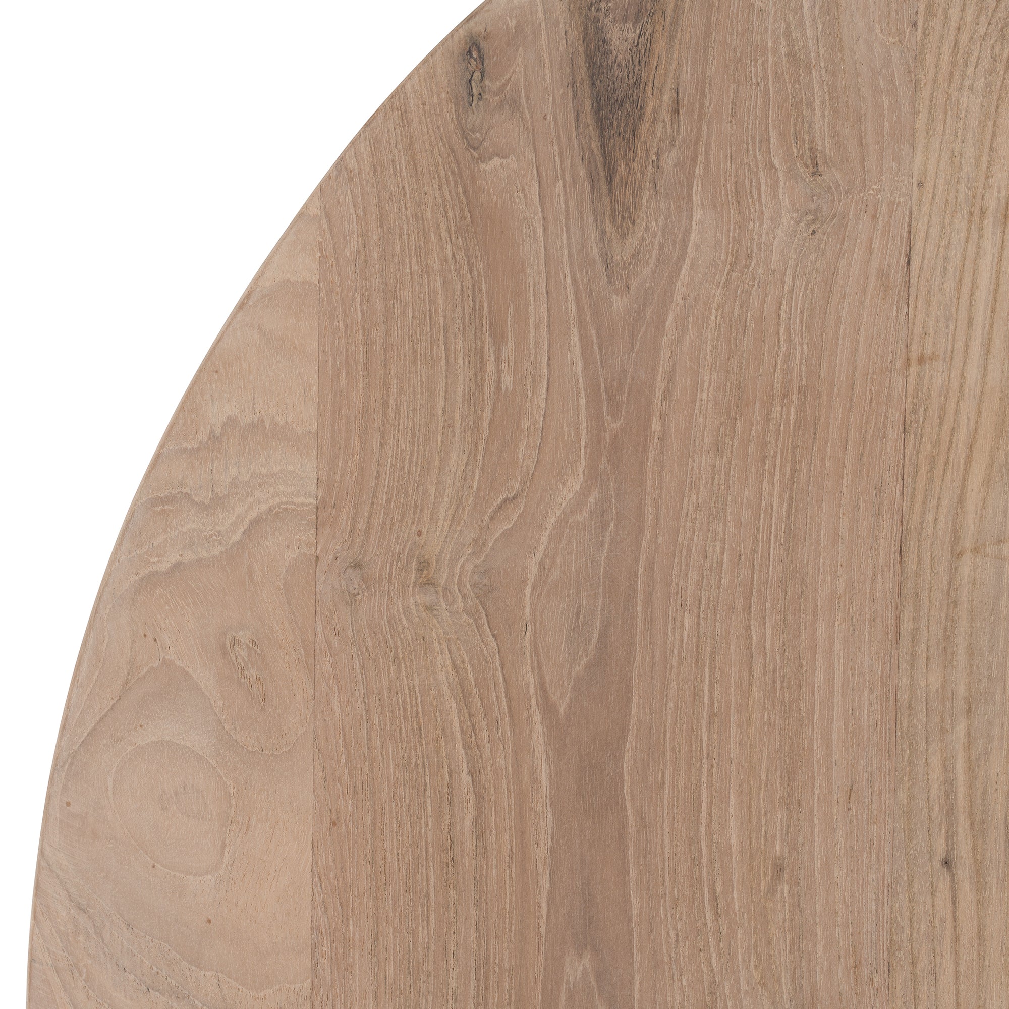 Round teak cafe table with a natural finish and angled legs, perfect for relaxed modern interiors