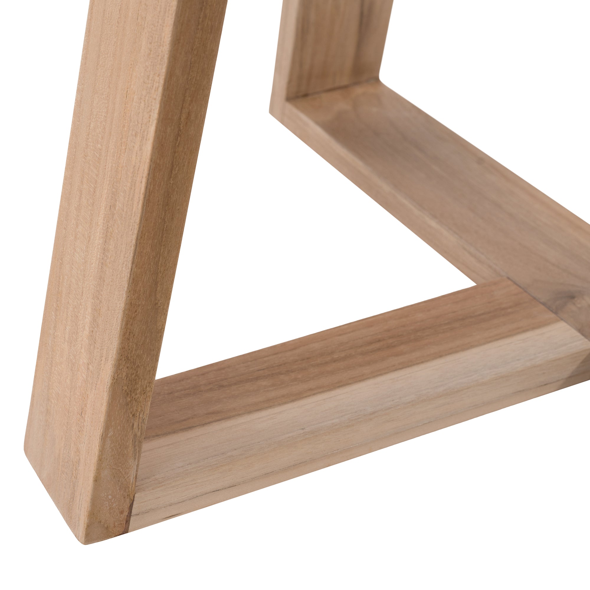 Round teak cafe table with a natural finish and angled legs, perfect for relaxed modern interiors