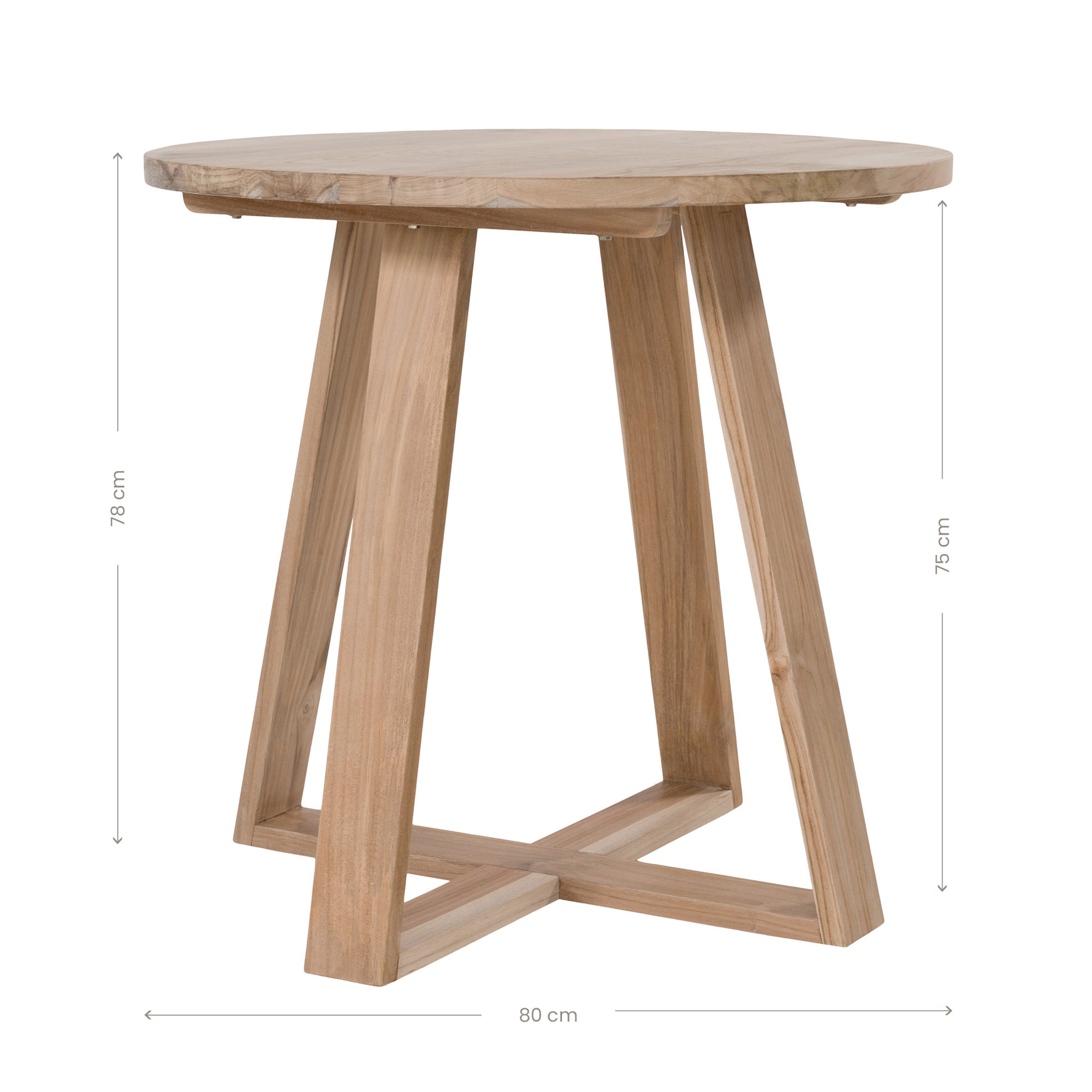 Round teak cafe table with a natural finish and angled legs, perfect for relaxed modern interiors
