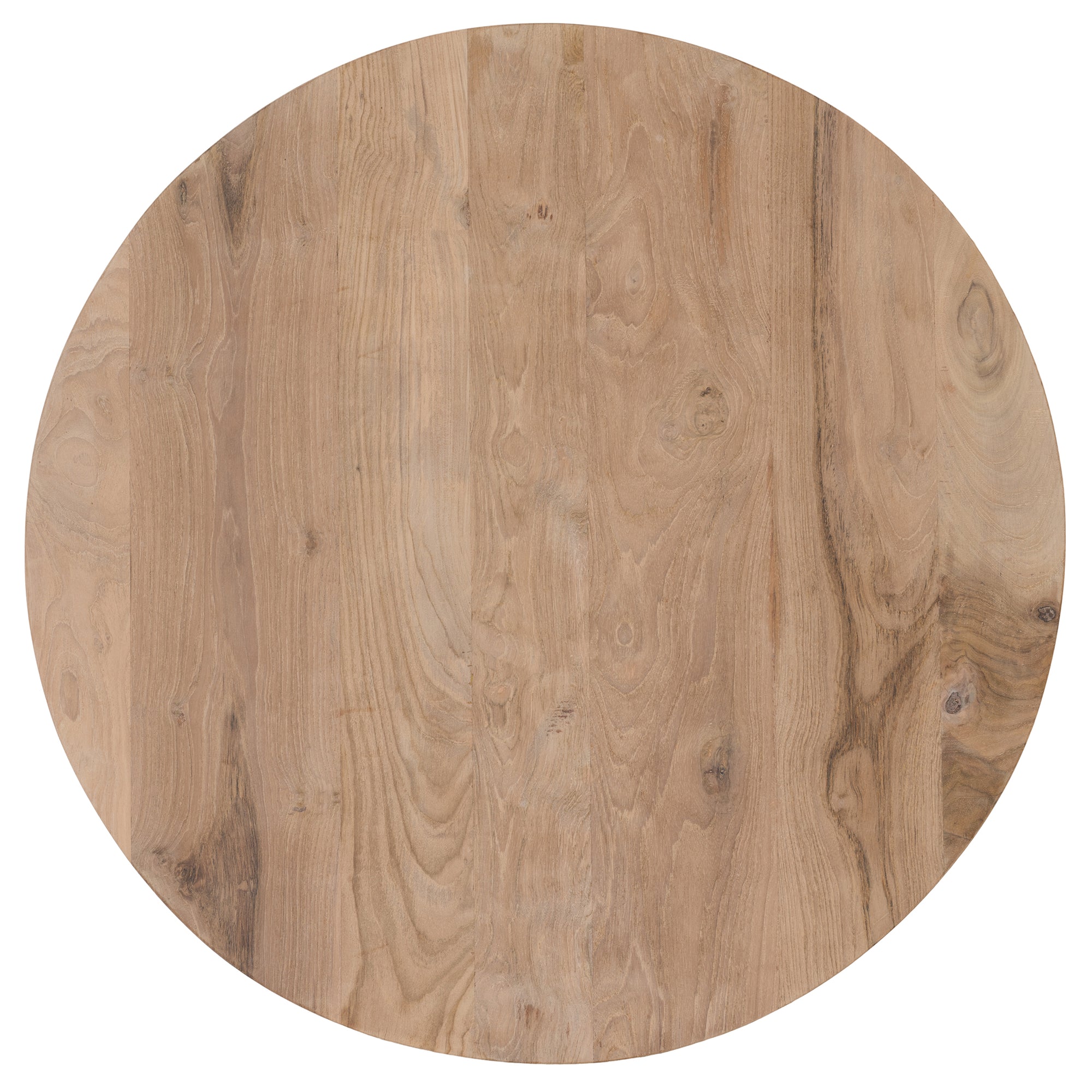 Round teak cafe table with a natural finish and angled legs, perfect for relaxed modern interiors