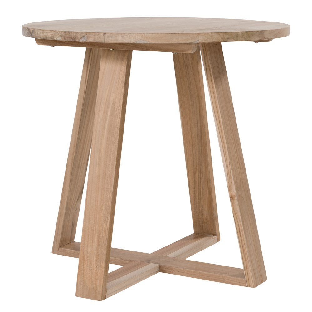 Round teak cafe table with a natural finish and angled legs, perfect for relaxed modern interiors