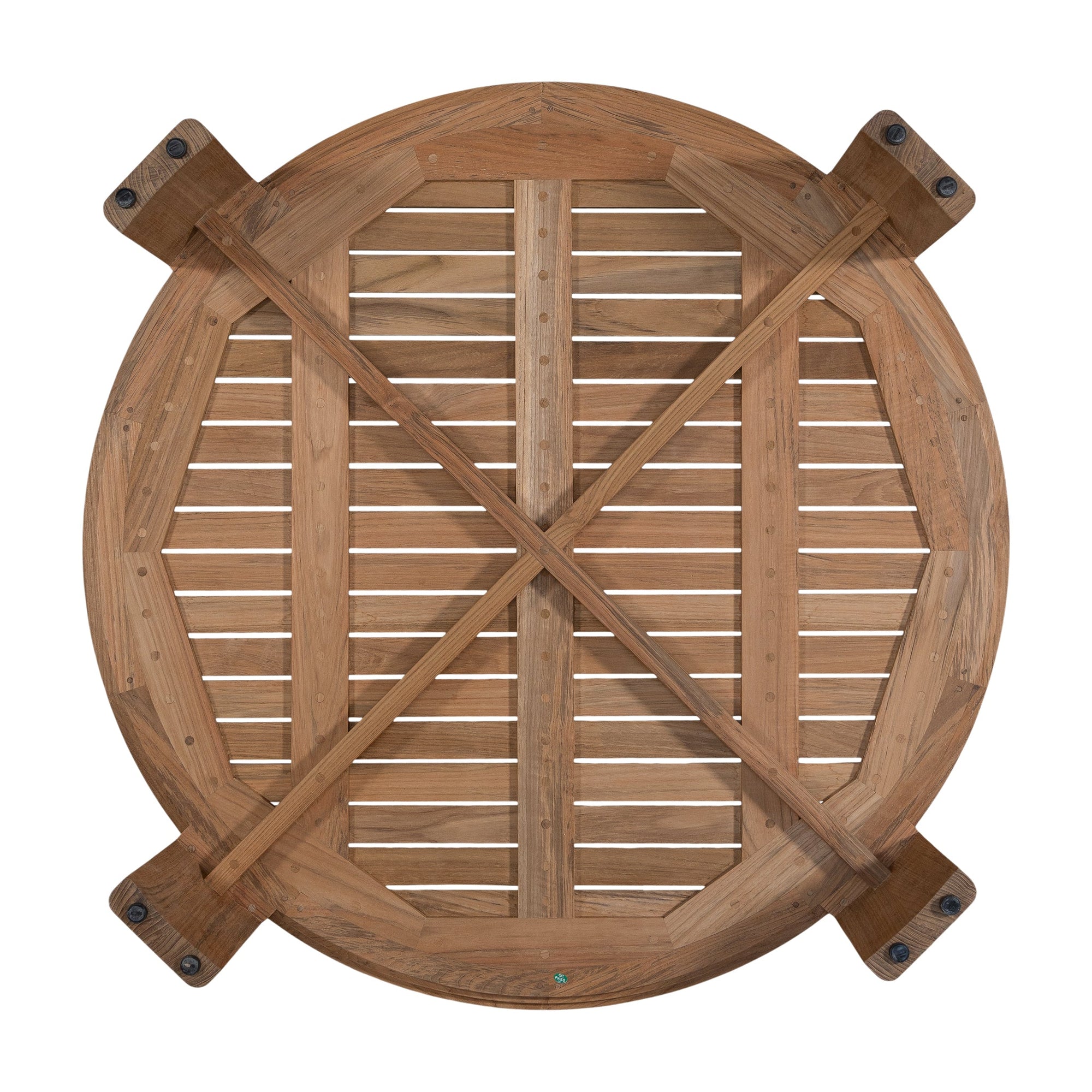 The Kulala Living Round Teak Coffee Table, crafted from solid teak with a slatted tabletop and sturdy block legs. This timeless design adds warmth and natural texture to any living space.