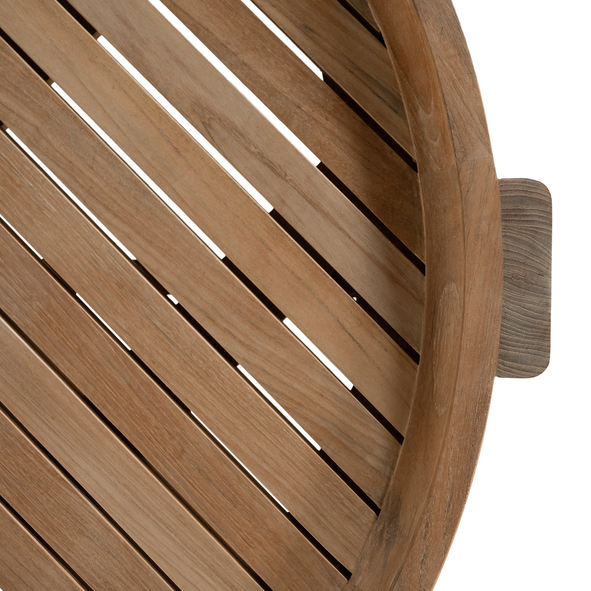 The Kulala Living Round Teak Coffee Table, crafted from solid teak with a slatted tabletop and sturdy block legs. This timeless design adds warmth and natural texture to any living space.
