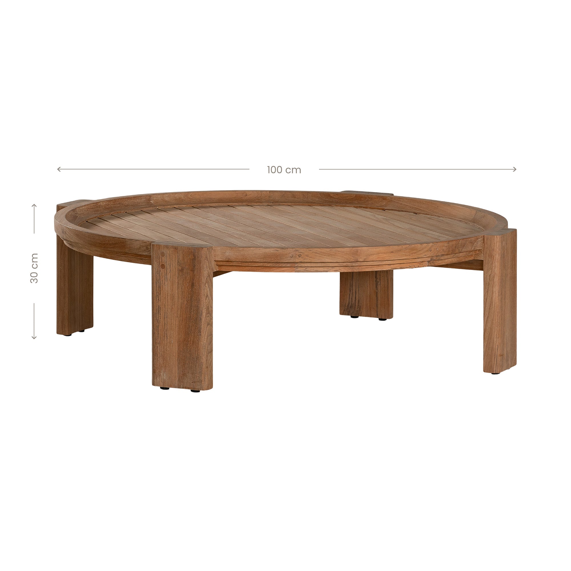 The Kulala Living Round Teak Coffee Table, crafted from solid teak with a slatted tabletop and sturdy block legs. This timeless design adds warmth and natural texture to any living space.