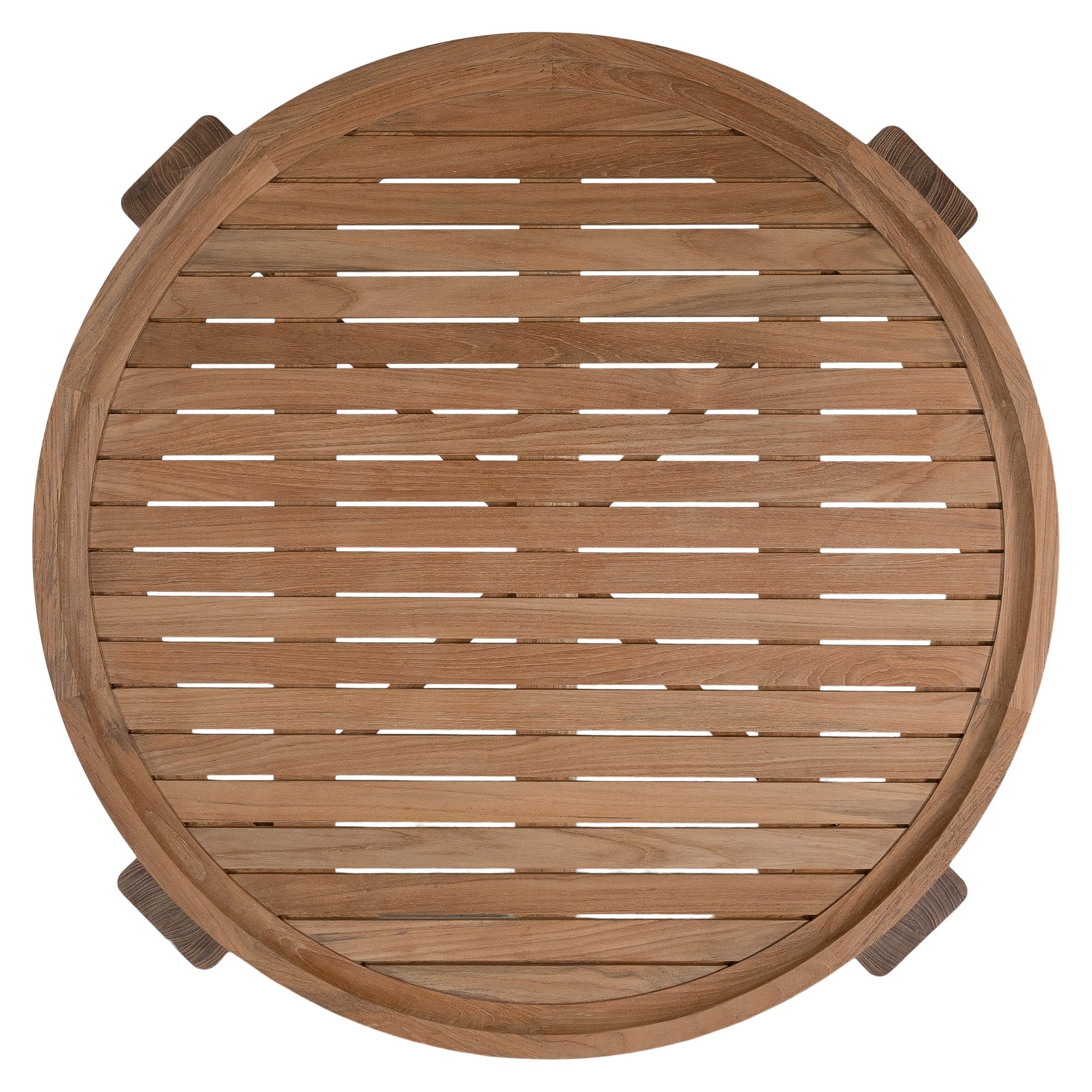 The Kulala Living Round Teak Coffee Table, crafted from solid teak with a slatted tabletop and sturdy block legs. This timeless design adds warmth and natural texture to any living space.