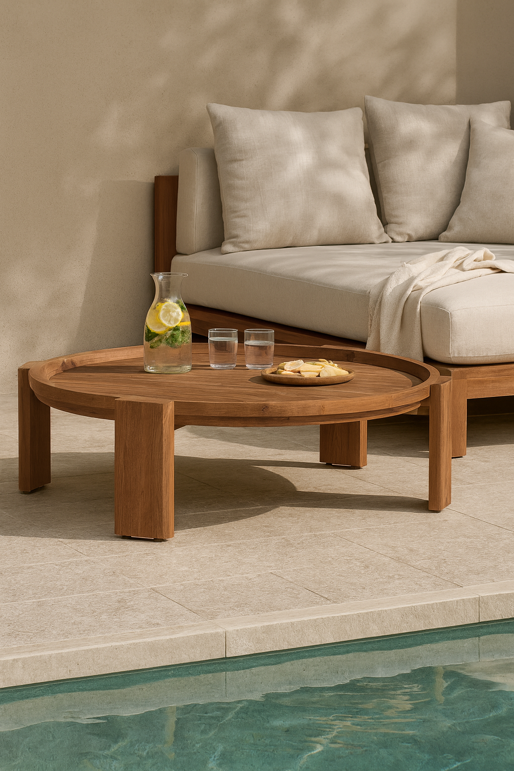Round teak outdoor coffee table styled with a jug of lemon-infused water and glasses, positioned beside a cushioned daybed on a poolside terrace.