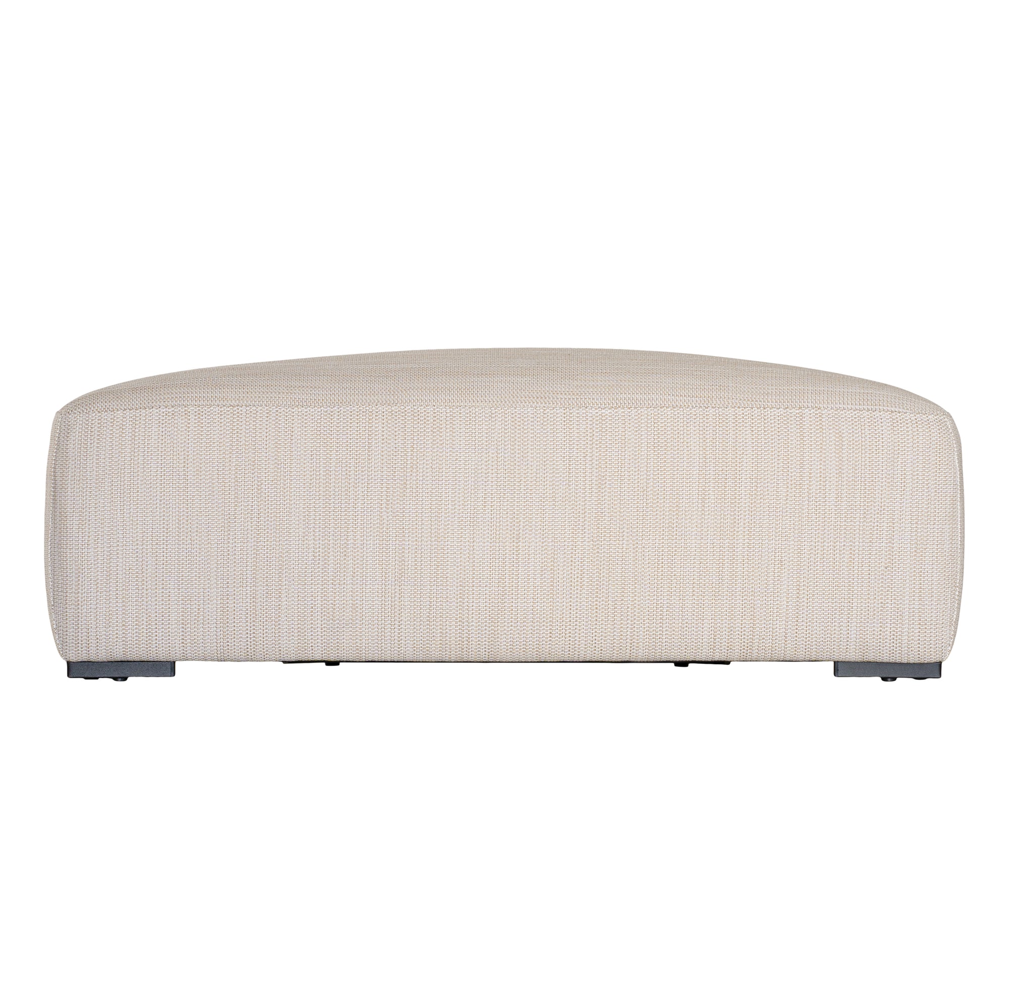 Curved upholstered ottoman with natural textured fabric and subtle black feet, ideal for contemporary living spaces