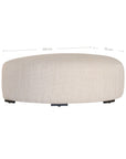 Curved upholstered ottoman with natural textured fabric and subtle black feet, ideal for contemporary living spaces
