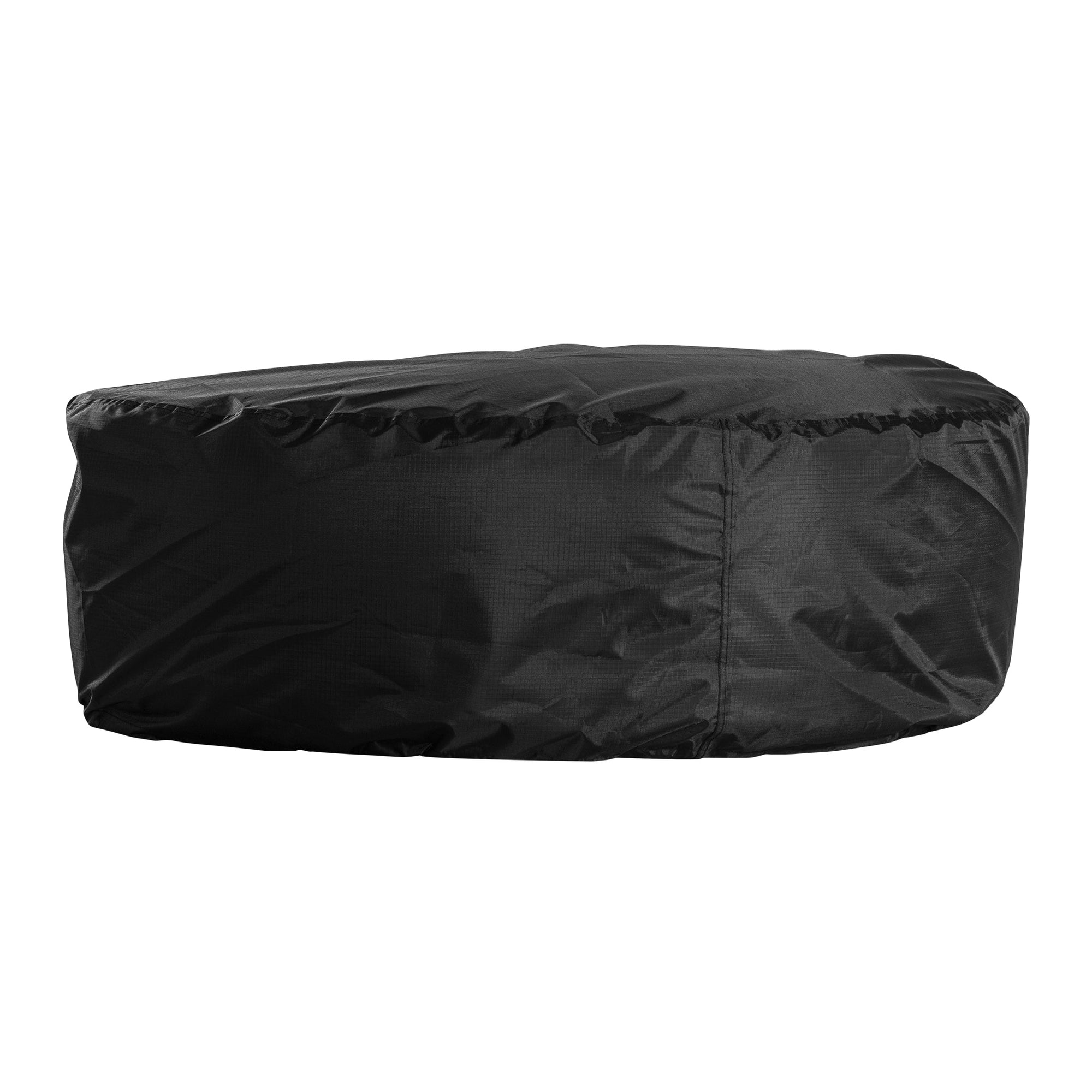 Curved upholstered ottoman with natural textured fabric and subtle black feet, ideal for contemporary living spaces