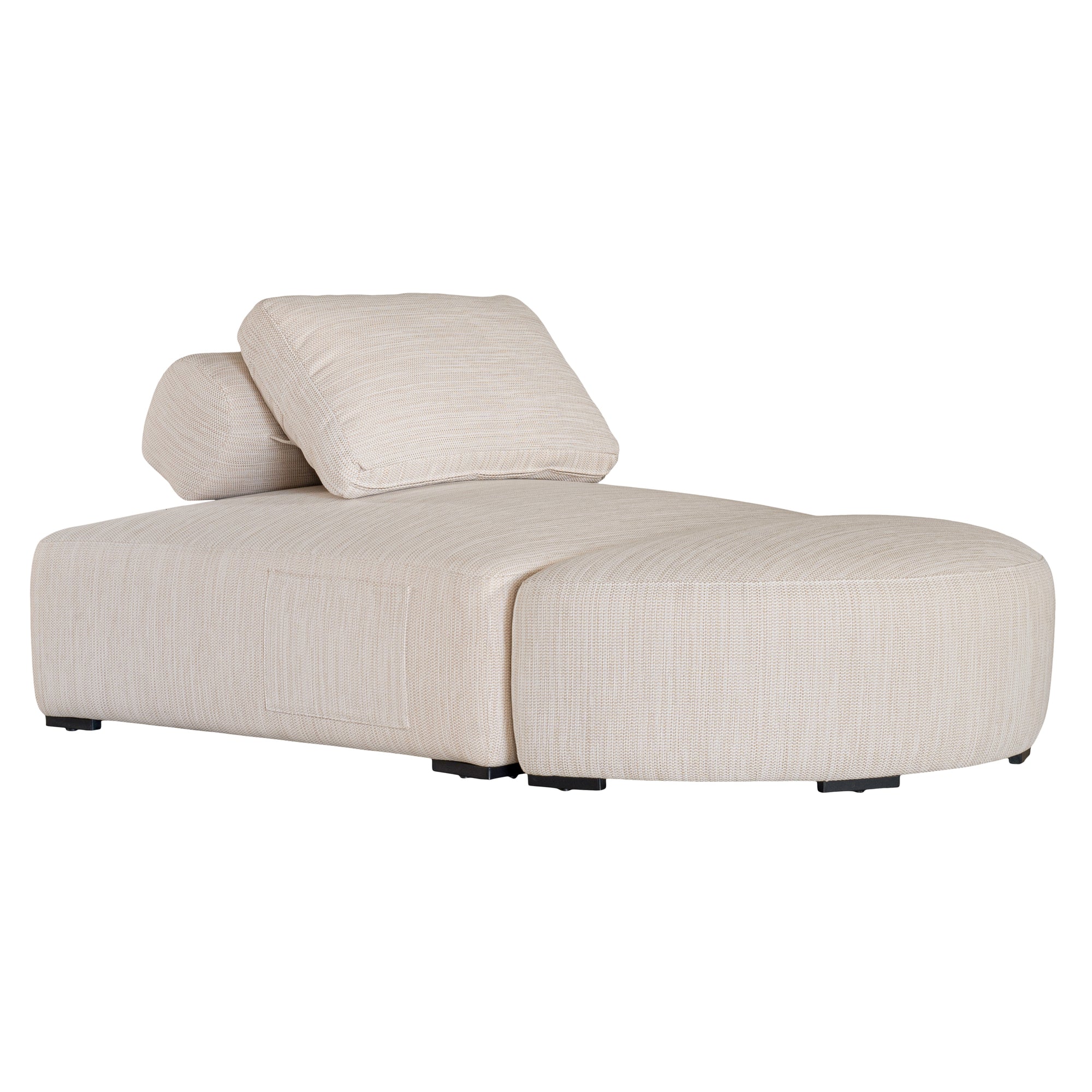 Curved upholstered ottoman with natural textured fabric and subtle black feet, ideal for contemporary living spaces