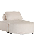 Curved upholstered ottoman with natural textured fabric and subtle black feet, ideal for contemporary living spaces