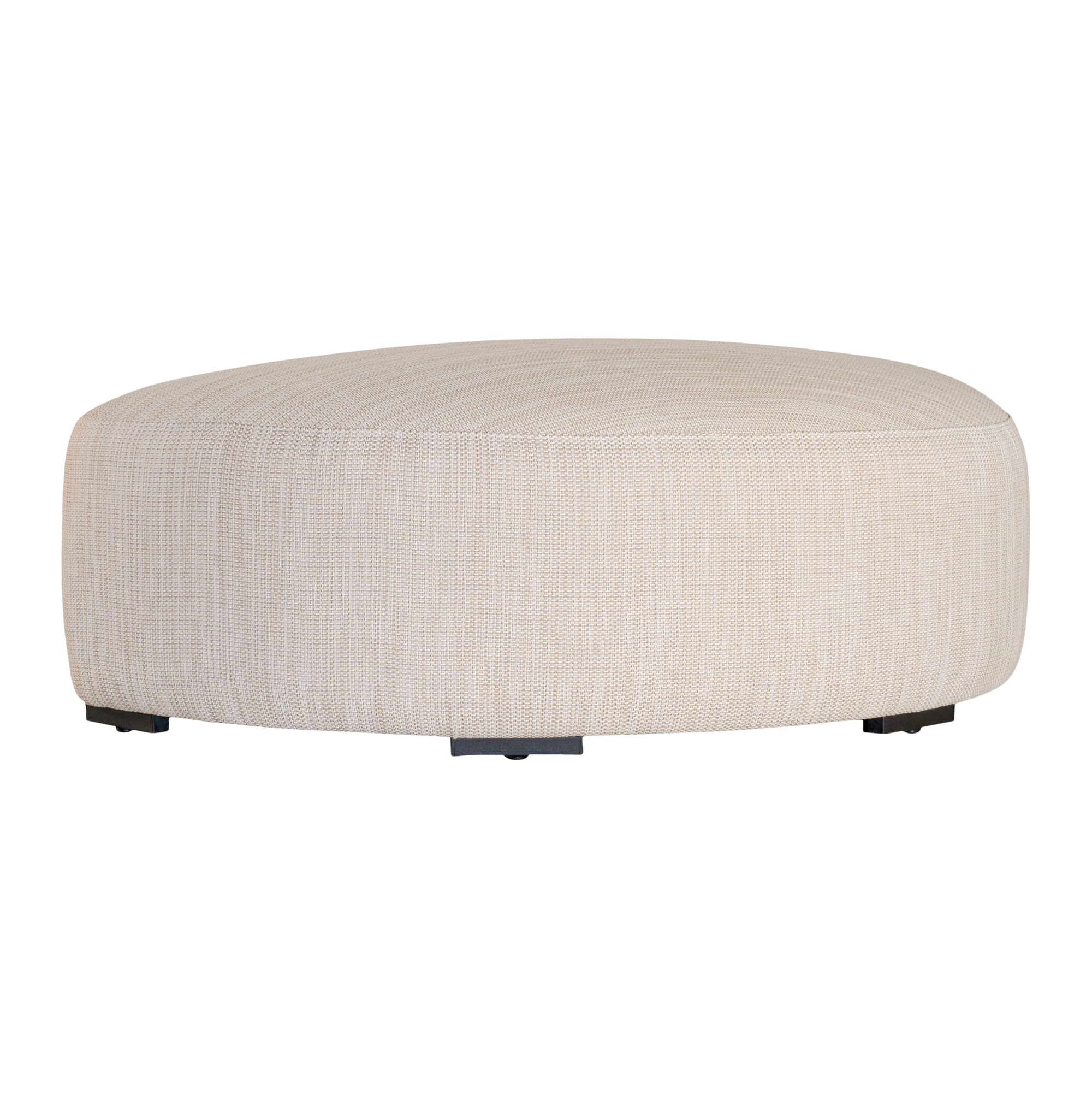 Curved upholstered ottoman with natural textured fabric and subtle black feet, ideal for contemporary living spaces