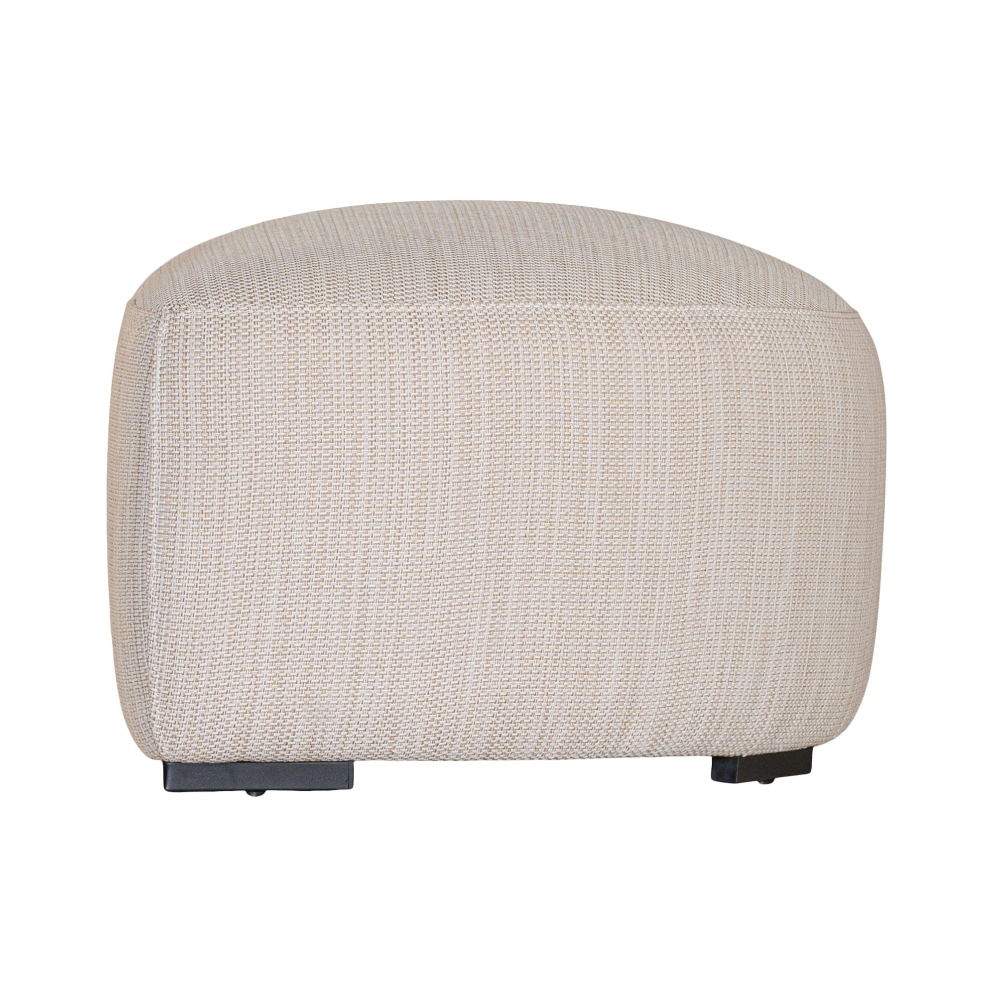 Curved upholstered ottoman with natural textured fabric and subtle black feet, ideal for contemporary living spaces