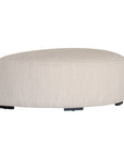Curved upholstered ottoman with natural textured fabric and subtle black feet, ideal for contemporary living spaces