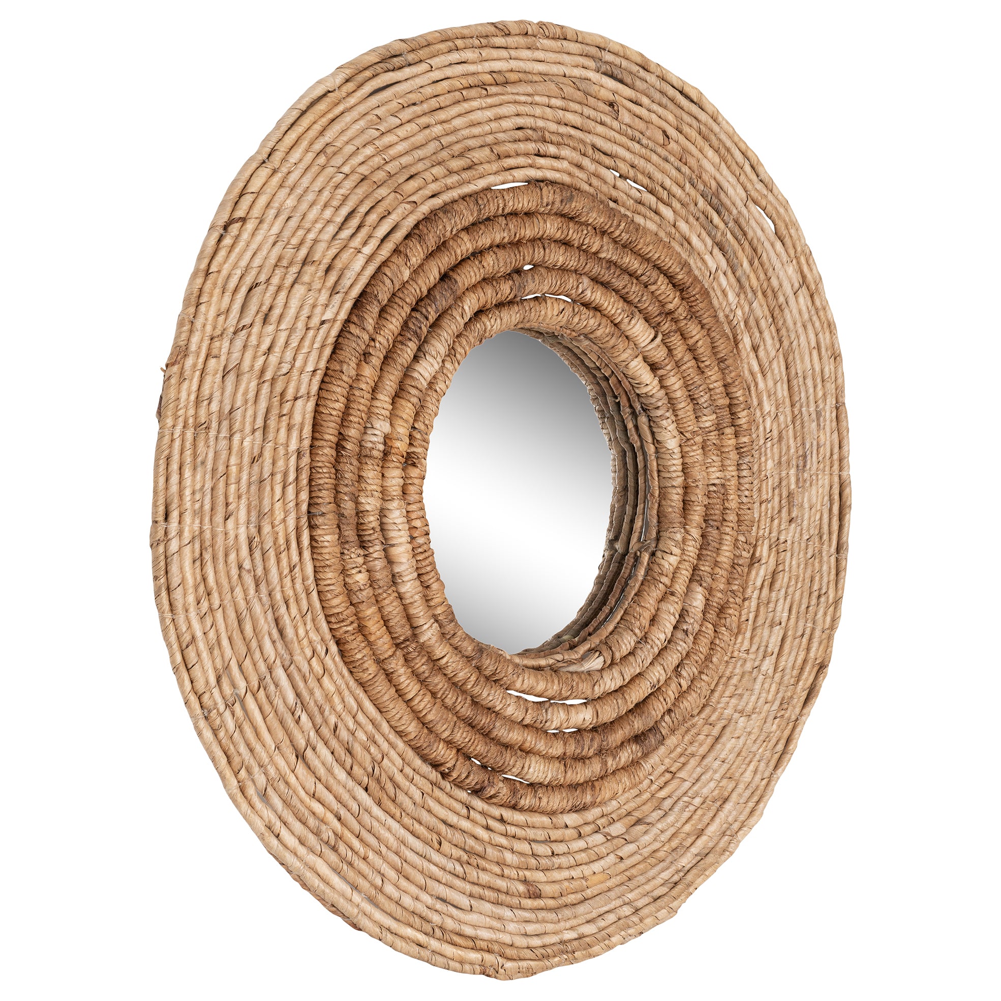 Round woven wall mirror with natural fibre frame, ideal for adding a coastal and rustic touch to interior spaces