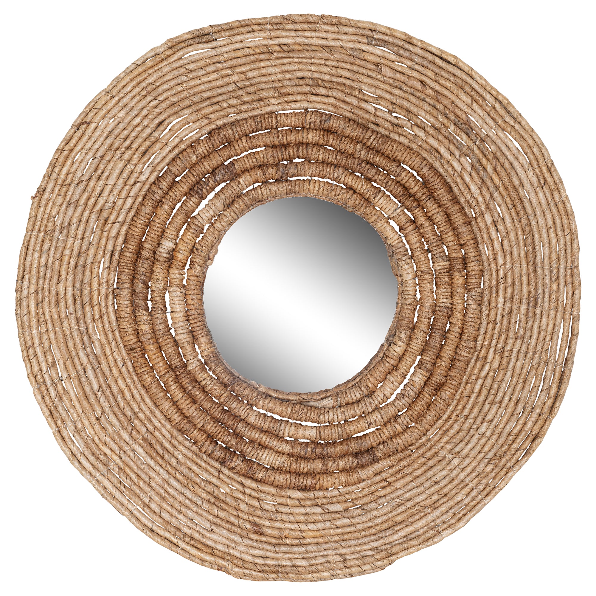 Round woven wall mirror with natural fibre frame, ideal for adding a coastal and rustic touch to interior spaces