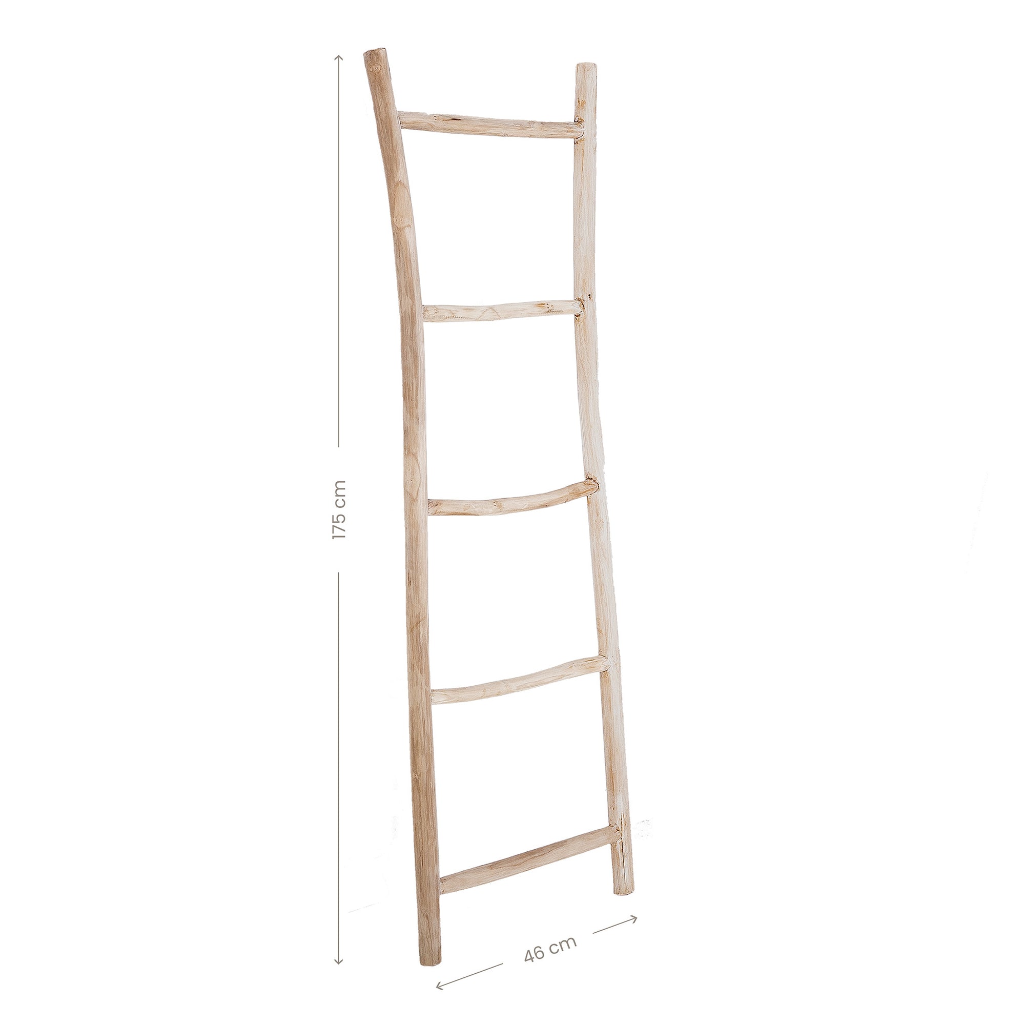 A handcrafted rustic wooden ladder with a natural finish, perfect for use as a towel or blanket rack in stylish interiors. A versatile and decorative storage solution for modern, minimalist, or coastal-inspired spaces