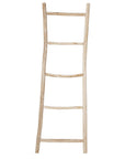 A handcrafted rustic wooden ladder with a natural finish, perfect for use as a towel or blanket rack in stylish interiors. A versatile and decorative storage solution for modern, minimalist, or coastal-inspired spaces