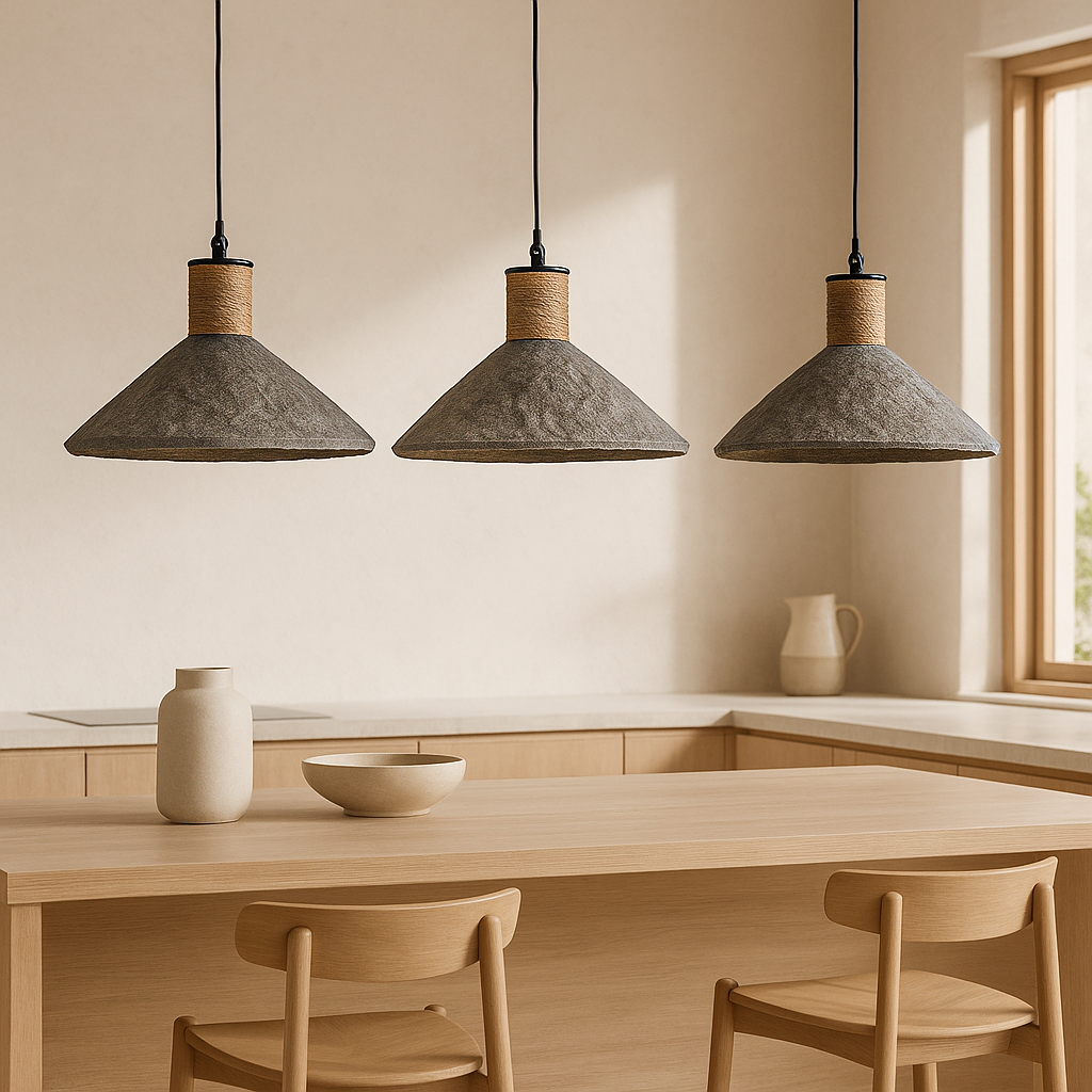 Trio of Sable Pendant lights in Fossil finish by KULALA Living, styled above a natural timber kitchen island in a minimalist interior.