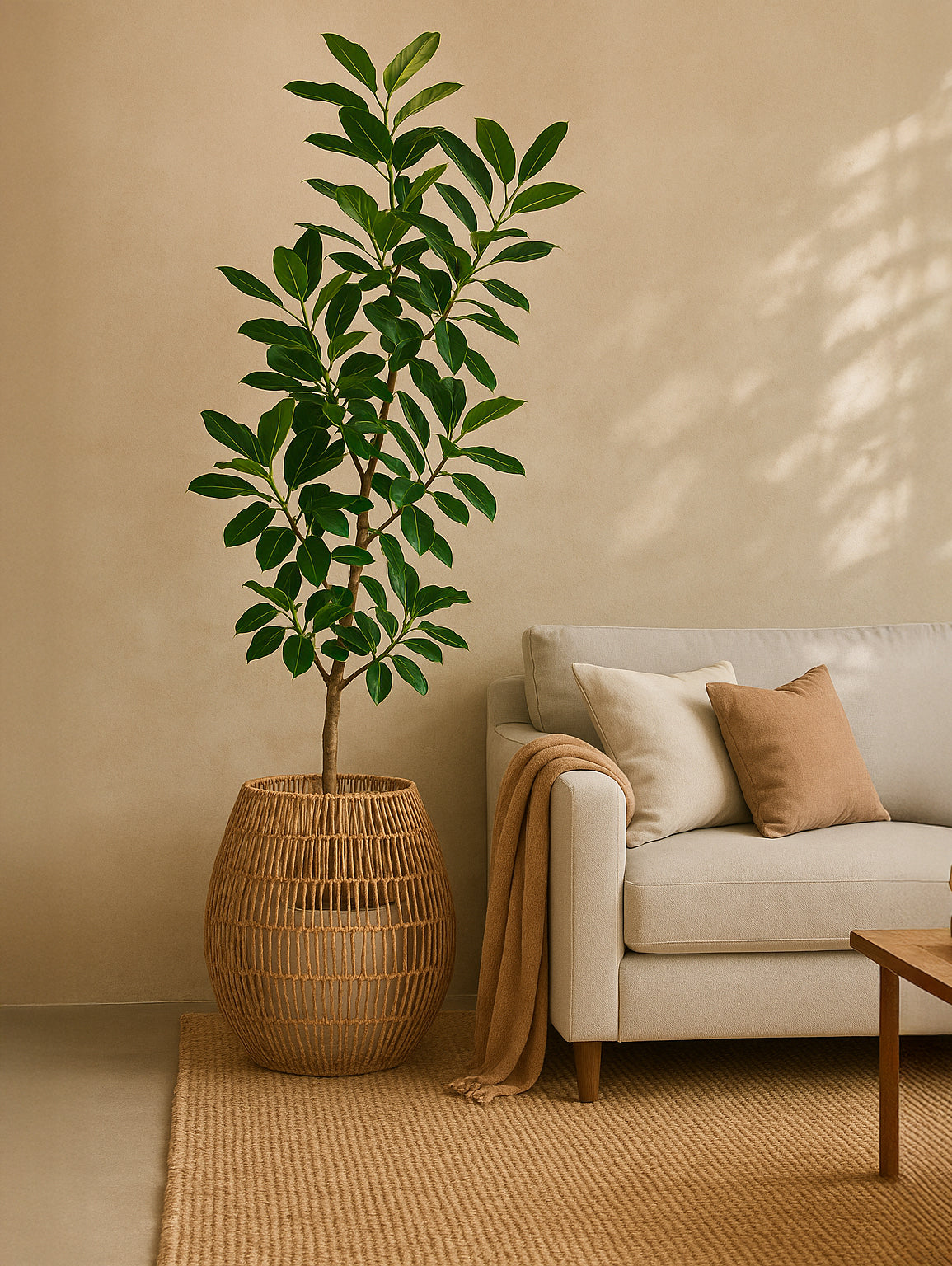 Sawa Basket used as a handwoven natural planter styled beside a neutral sofa with warm-toned cushions and soft sunlight in a modern living room