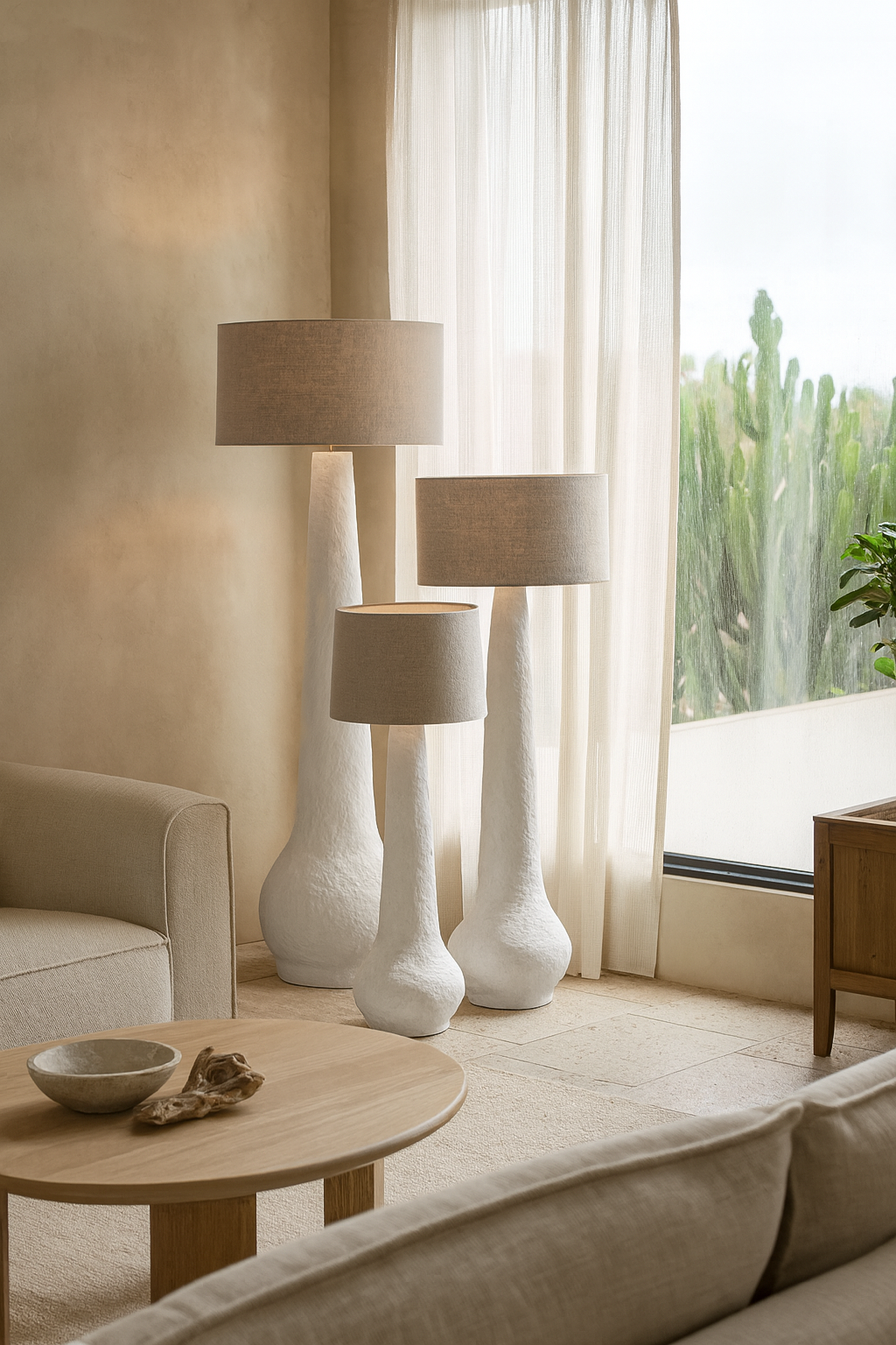 Set of three white sculptural floor lamps with natural linen drum shades, styled in a serene neutral-toned living room with curved sofas and timber accents