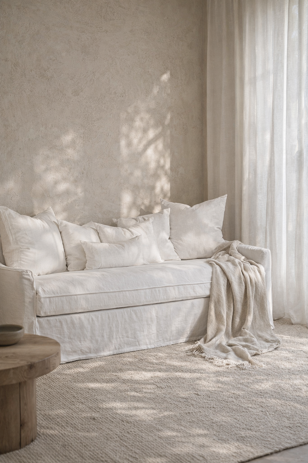 Sirocco three seat sofa in white with soft linen texture styled in a calm sunlit living room with layered neutral cushions and draped throw.