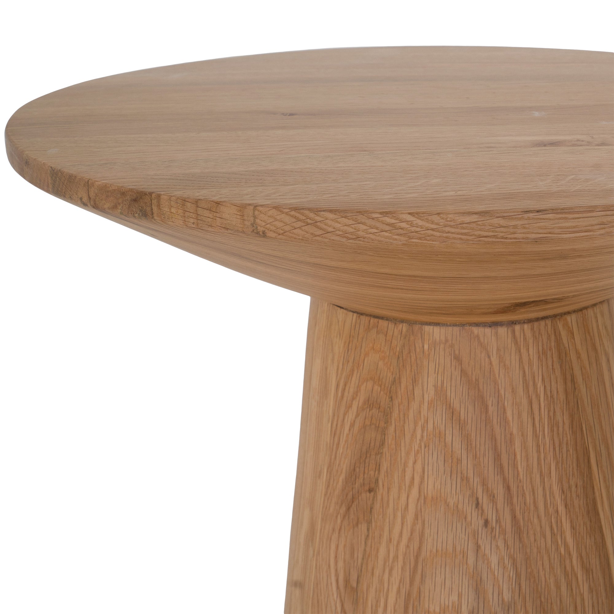 A modern solid oak side table with a sculptural conical base and smooth rounded top, showcasing natural wood grain variations for an organic aesthetic